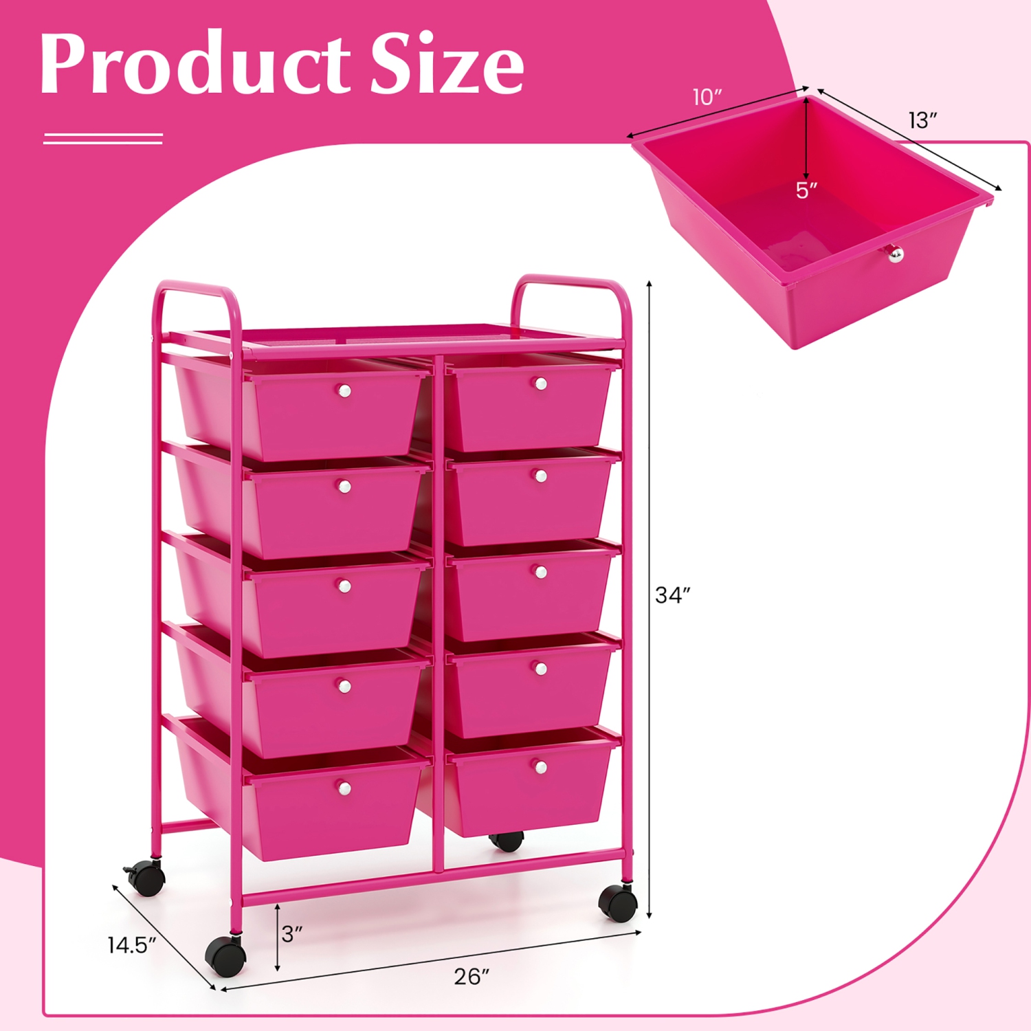 Gymax 10-Drawer Storage Cart Utility Rolling Trolley Kitchen Organizer Hot Pink