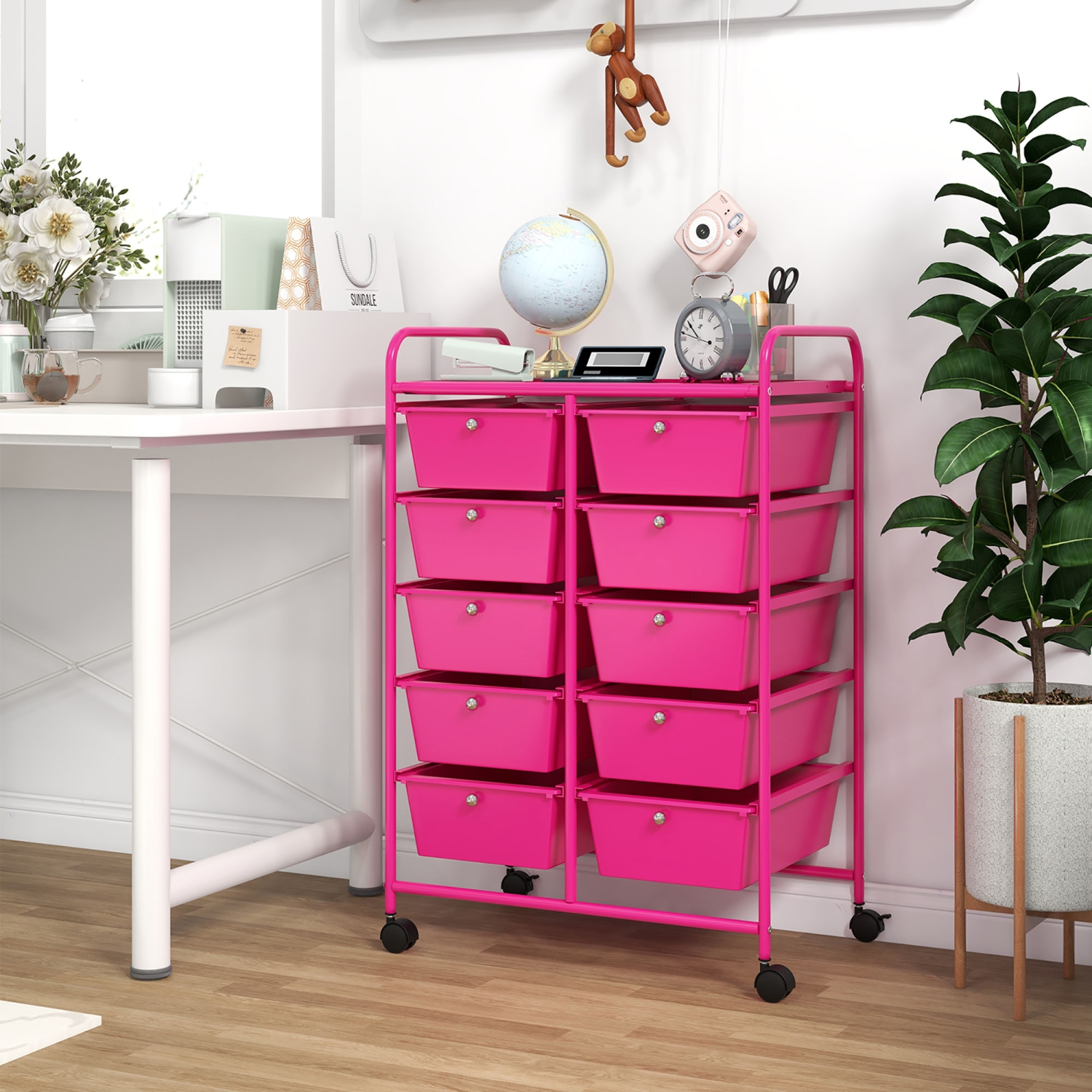 Gymax 10-Drawer Storage Cart Utility Rolling Trolley Kitchen Organizer Hot Pink