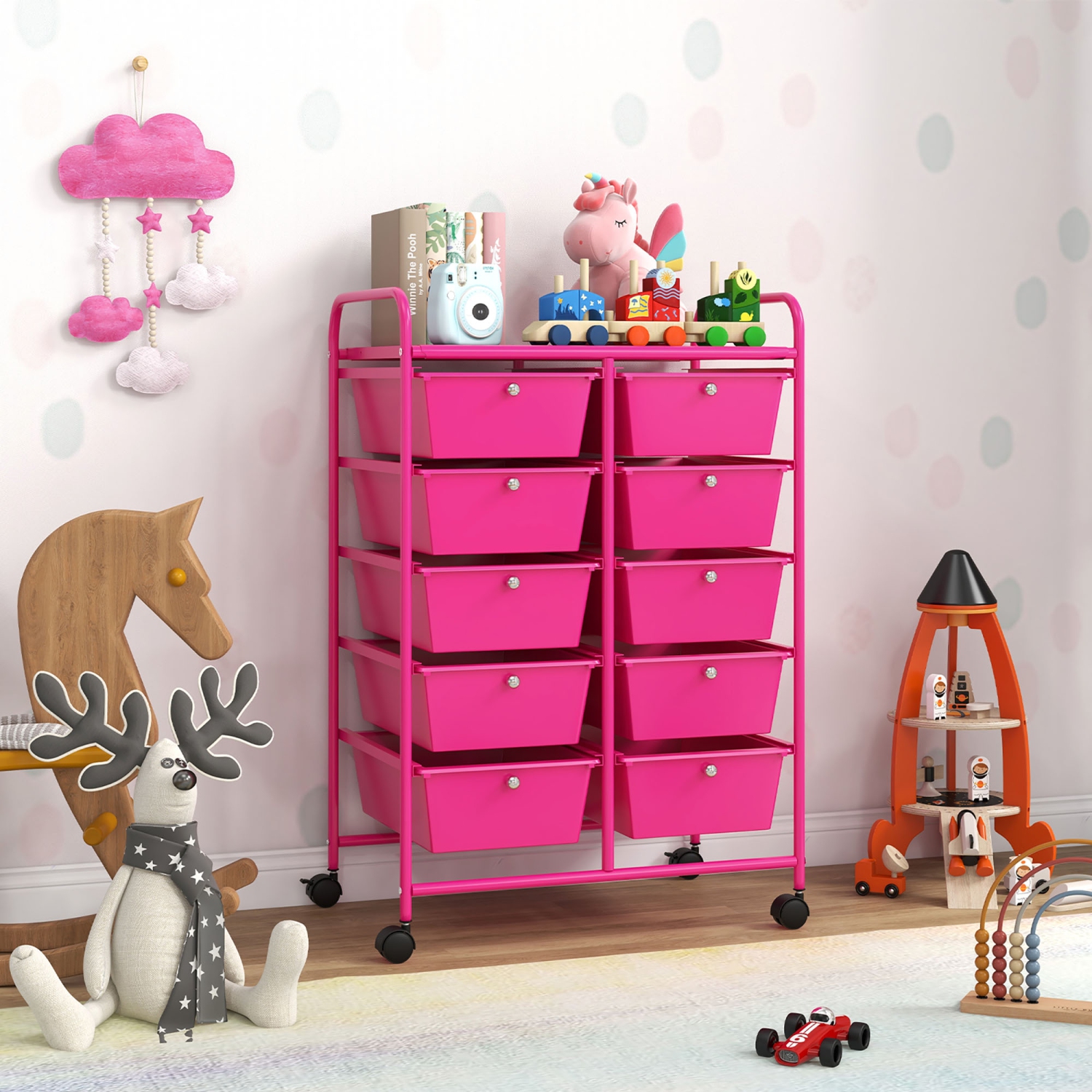 Gymax 10-Drawer Storage Cart Utility Rolling Trolley Kitchen Organizer Hot Pink