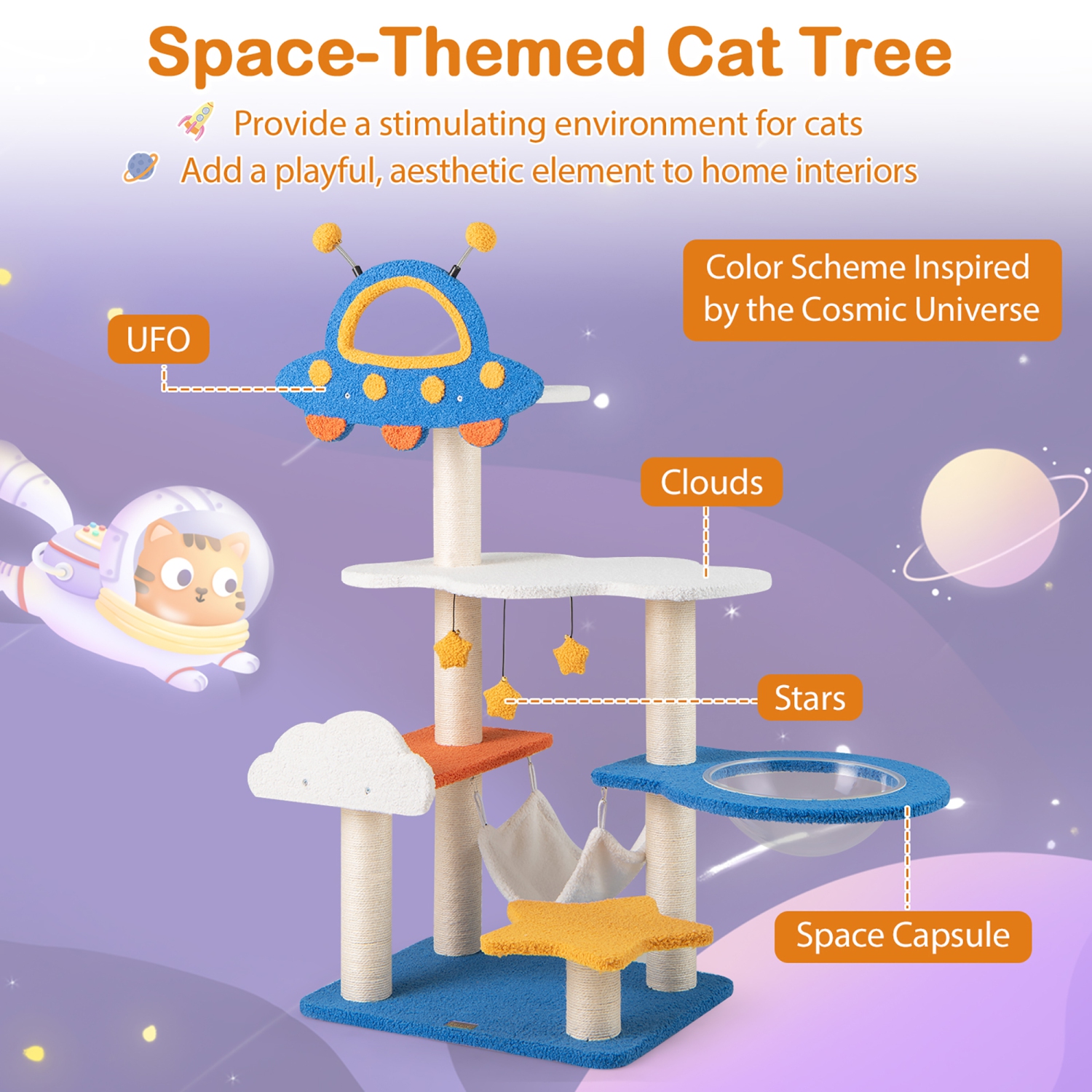 Gymax 49'' Tall Cat Tree w/ UFO Top Perch Space Capsule Sisal Scratching Posts Cloud