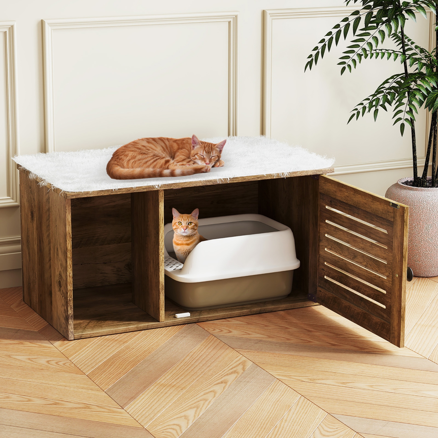 Gymax Cat Litter Box Enclosure w/ Winding Entry Louvered Door Wooden Pet Side Table