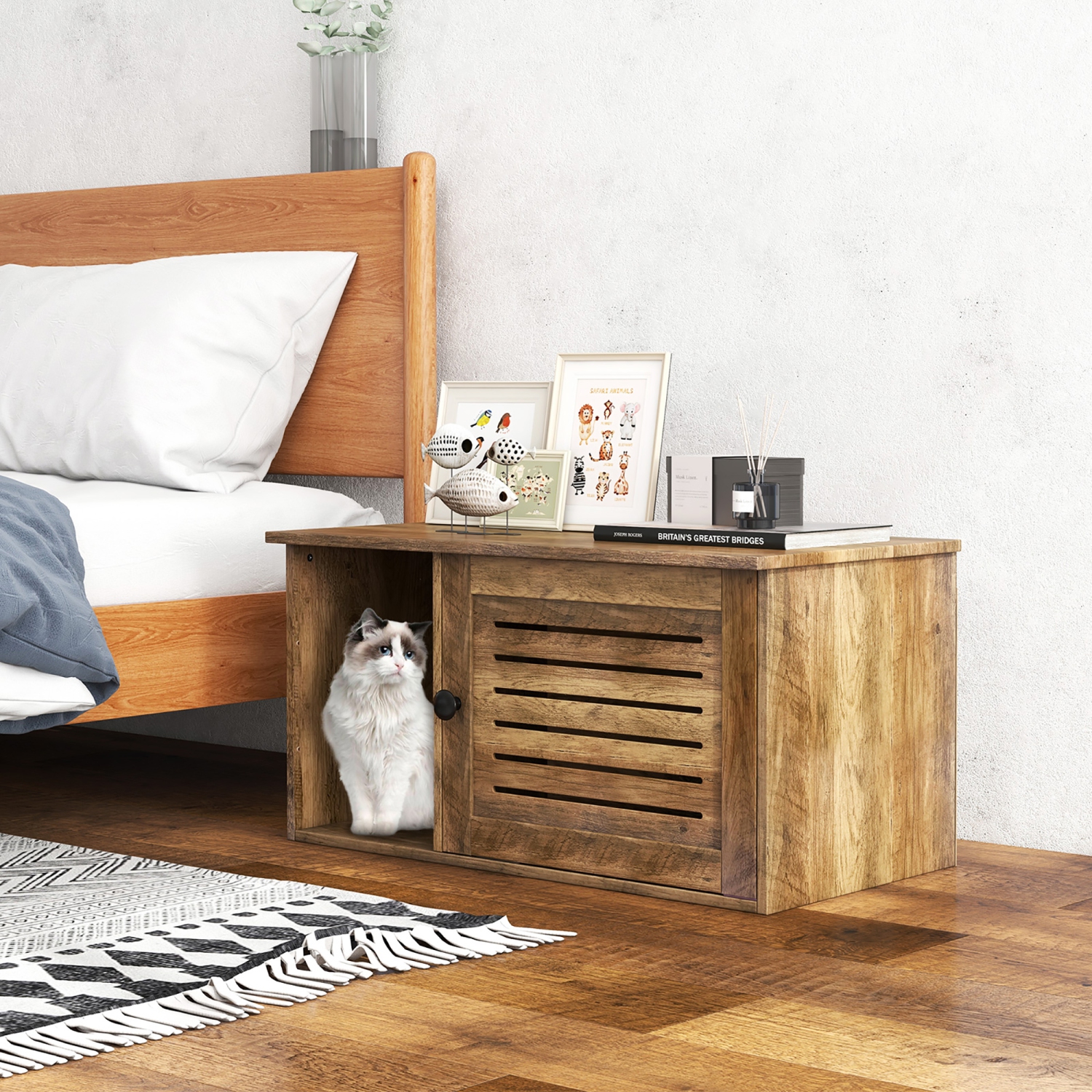 Gymax Cat Litter Box Enclosure w/ Winding Entry Louvered Door Wooden Pet Side Table