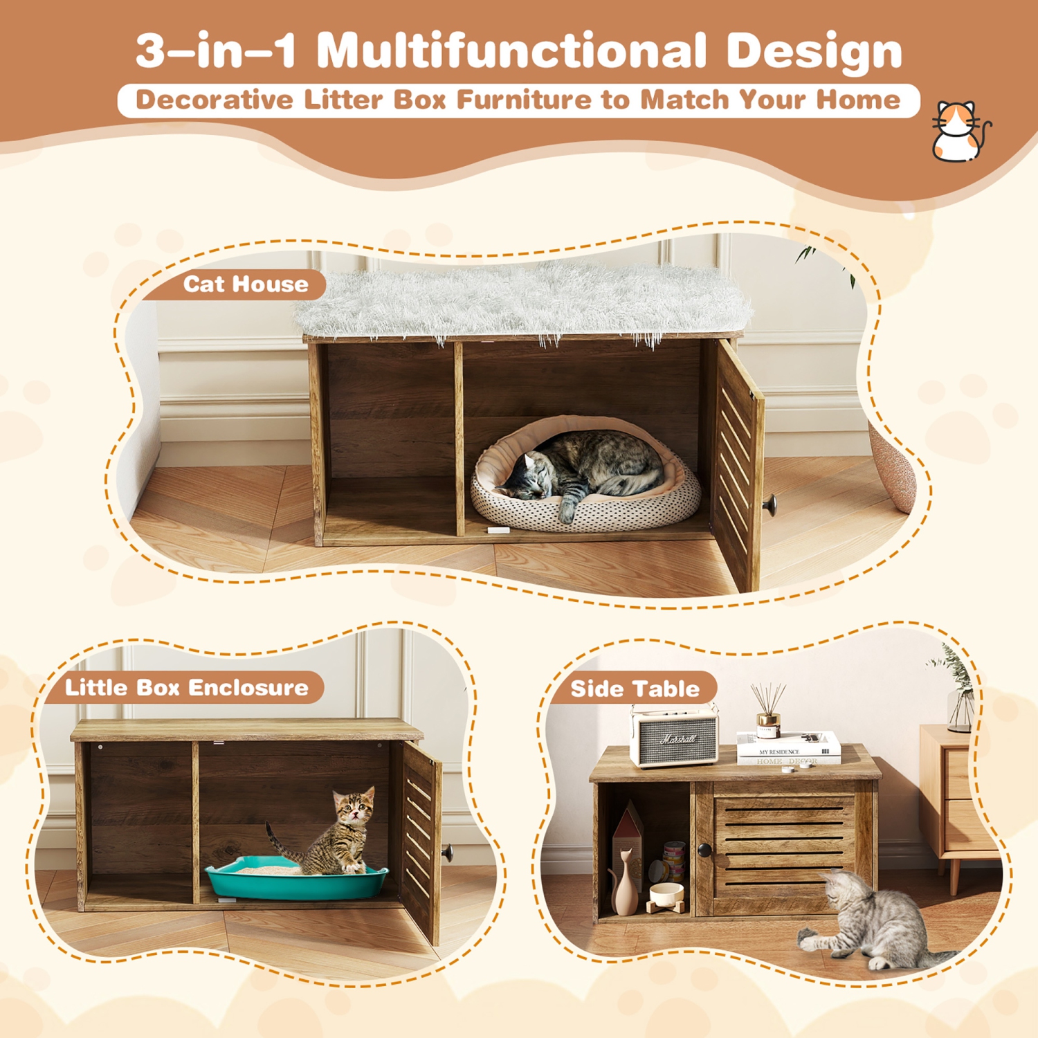 Gymax Cat Litter Box Enclosure w/ Winding Entry Louvered Door Wooden Pet Side Table