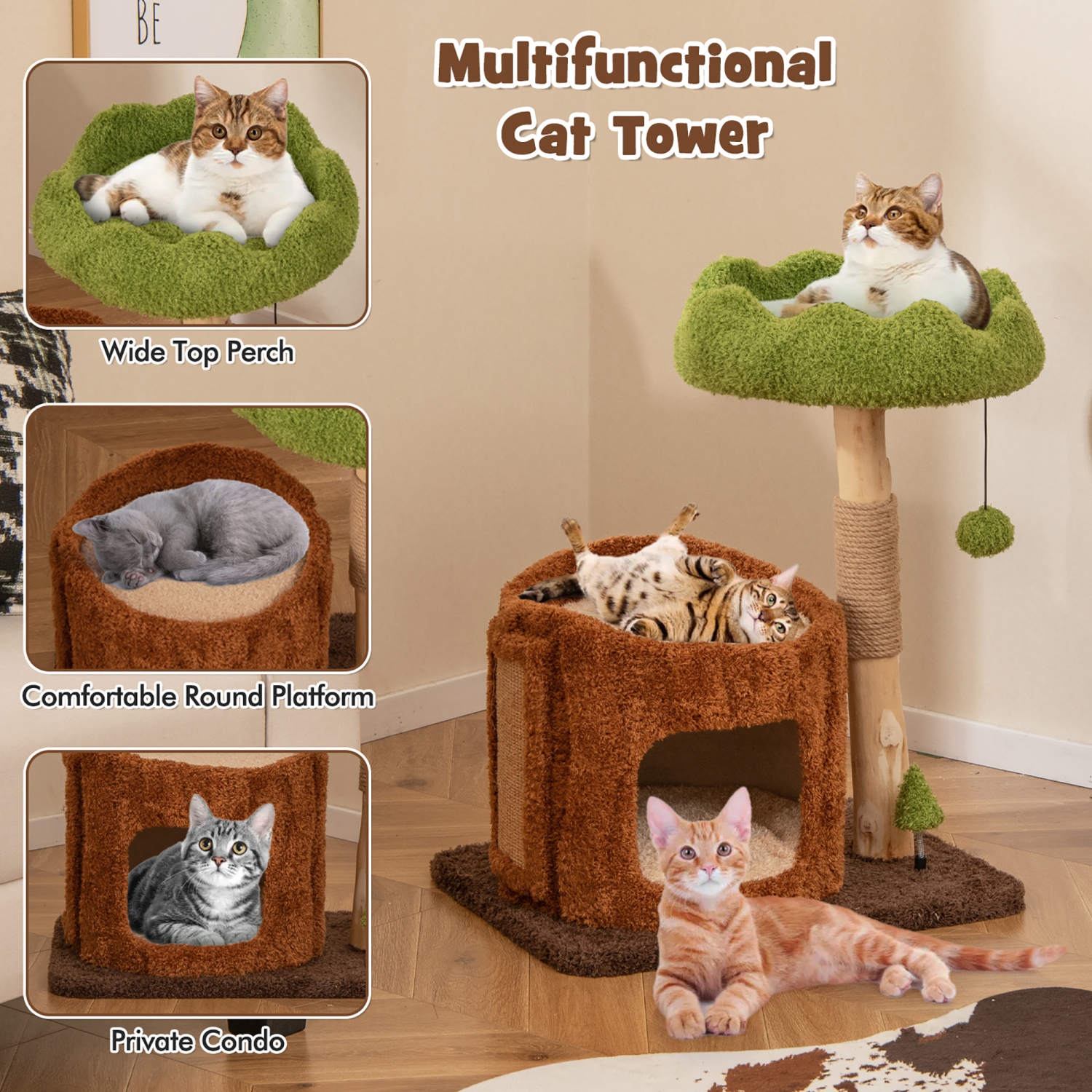 Gymax Multifunctional Cat Tree w/ Sisal Covered Scratching Posts Top Perch Modern