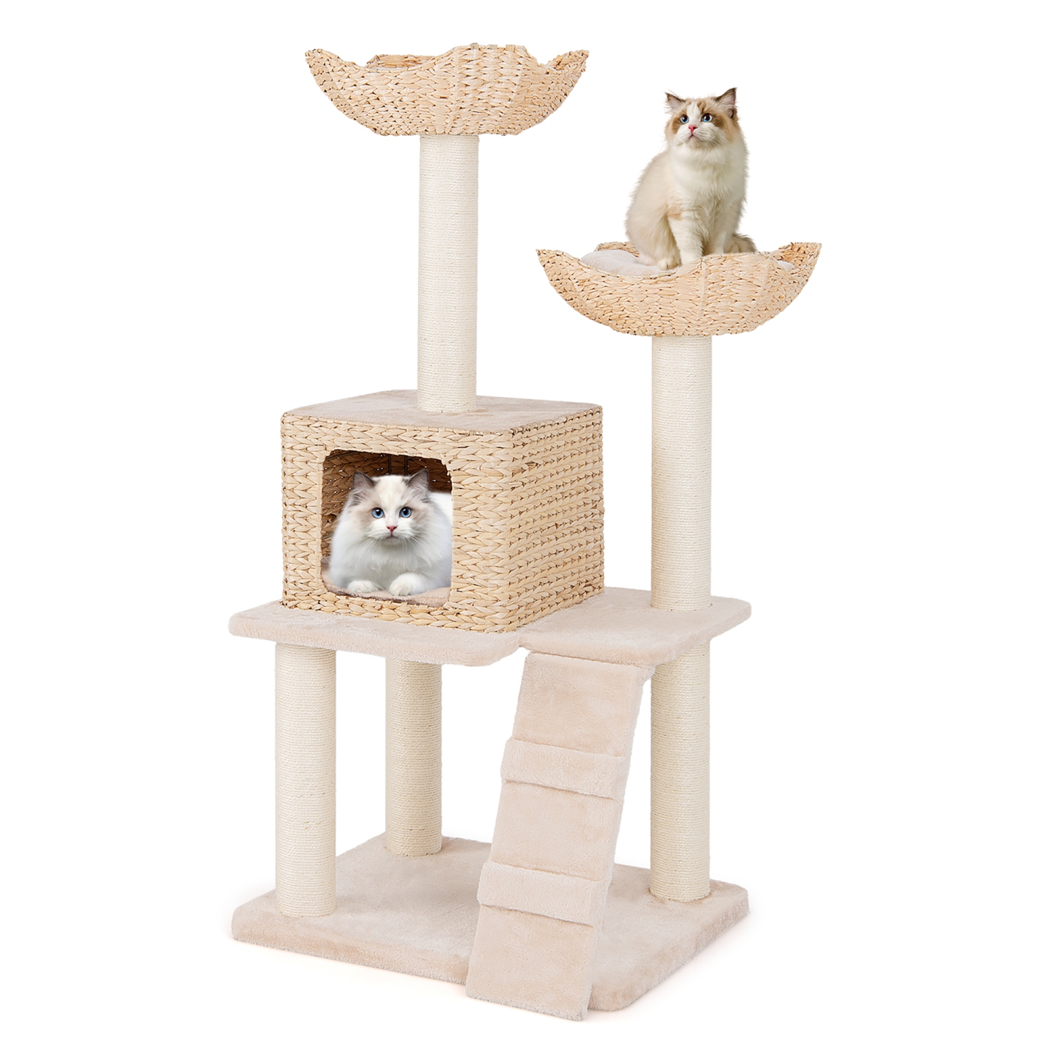 Gymax 48'' Cattail Cat Tower w/ Sisal Scratching Posts Perch Condo Basket Bed Ladder