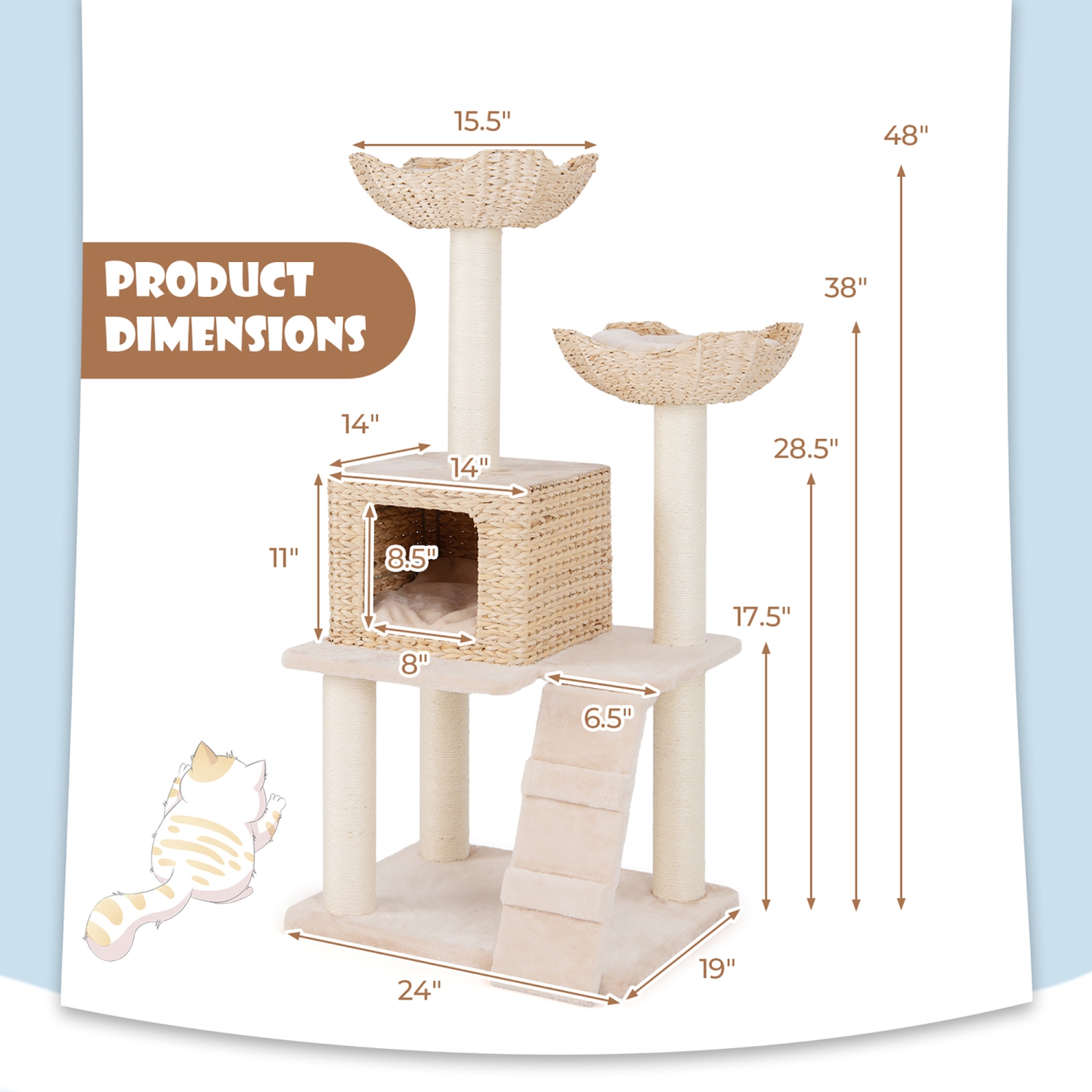 Gymax 48'' Cattail Cat Tower w/ Sisal Scratching Posts Perch Condo Basket Bed Ladder