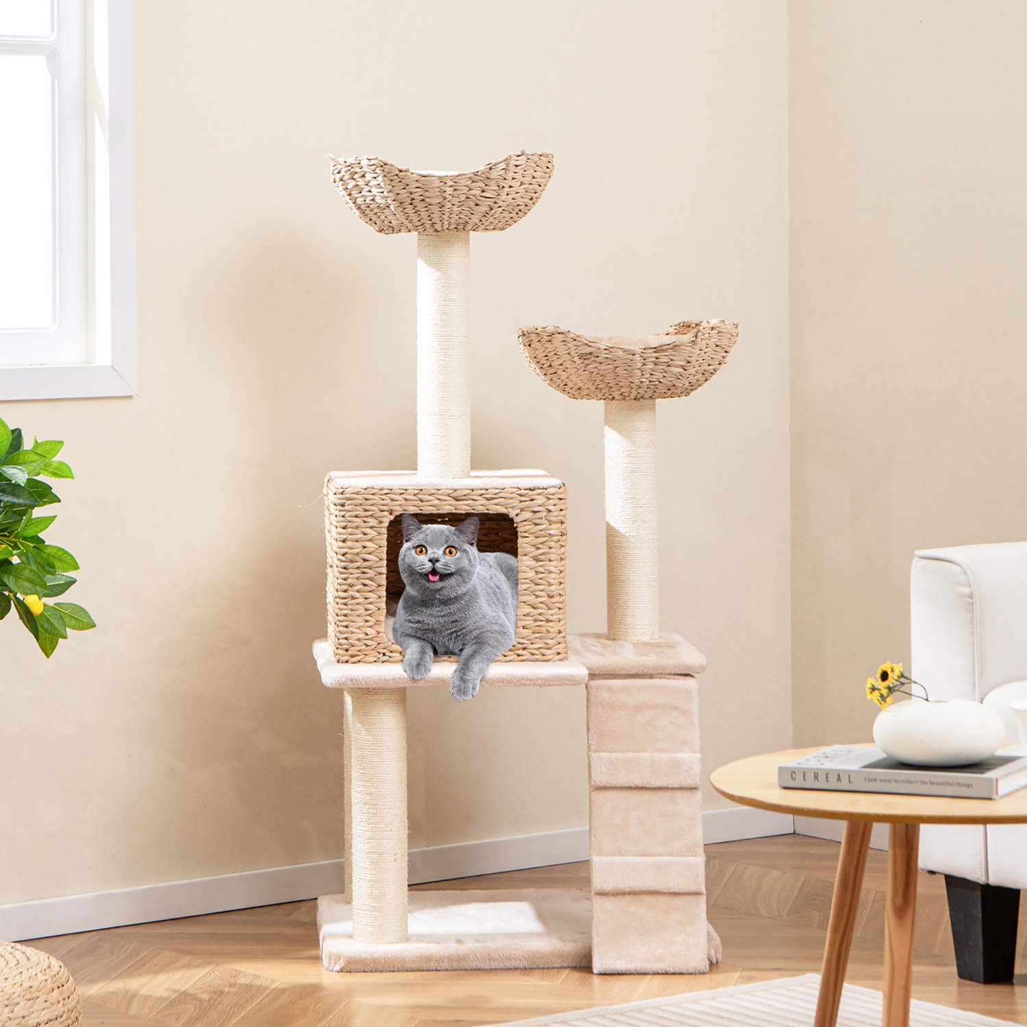 Gymax 48'' Cattail Cat Tower w/ Sisal Scratching Posts Perch Condo Basket Bed Ladder