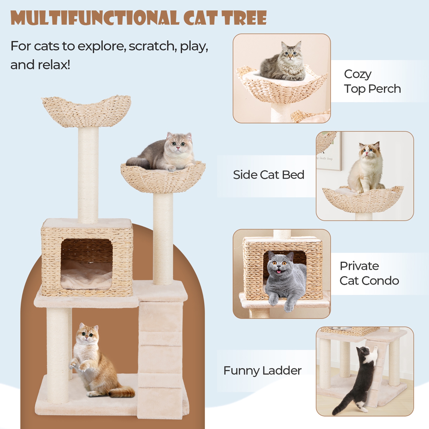 Gymax 48'' Cattail Cat Tower w/ Sisal Scratching Posts Perch Condo Basket Bed Ladder