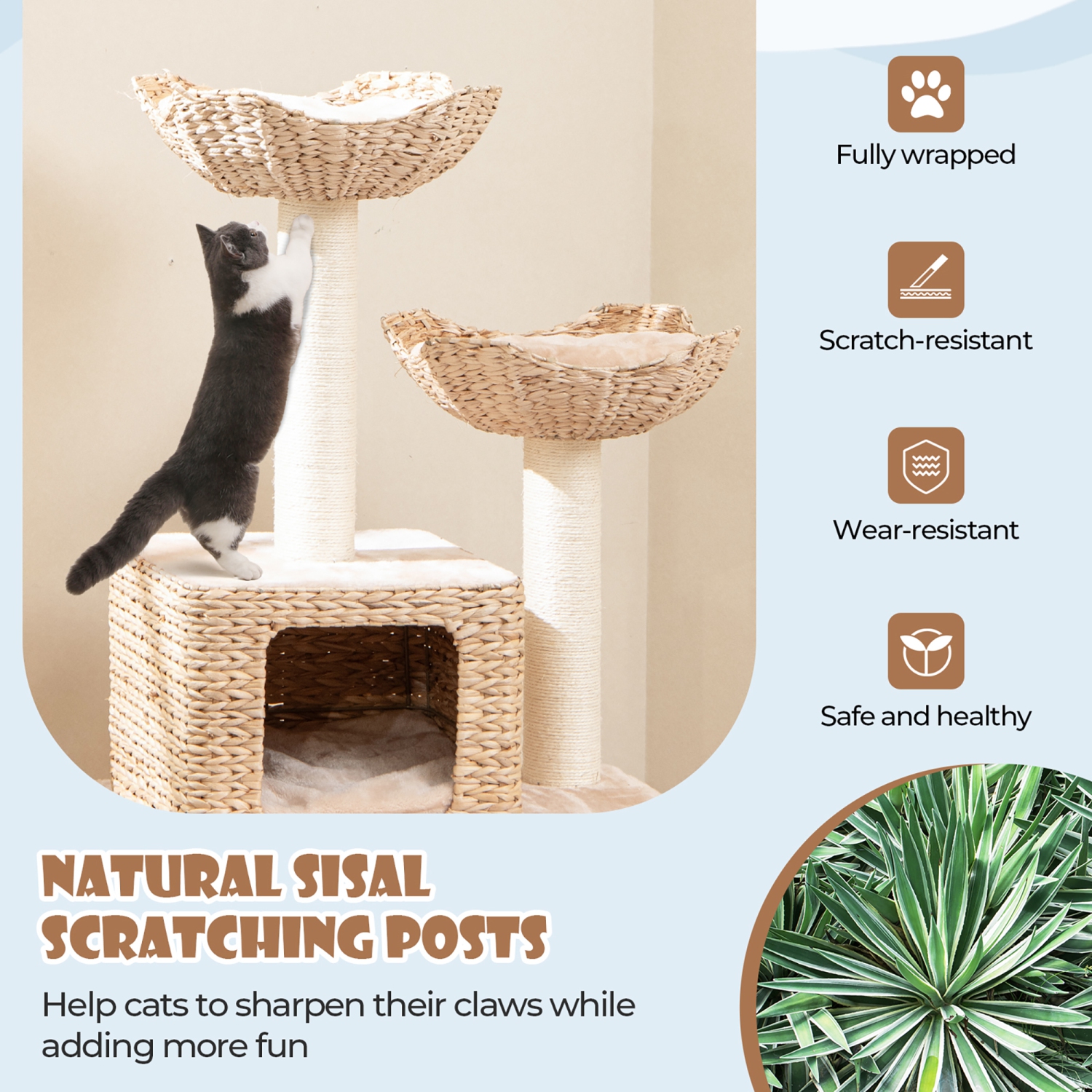 Gymax 48'' Cattail Cat Tower w/ Sisal Scratching Posts Perch Condo Basket Bed Ladder