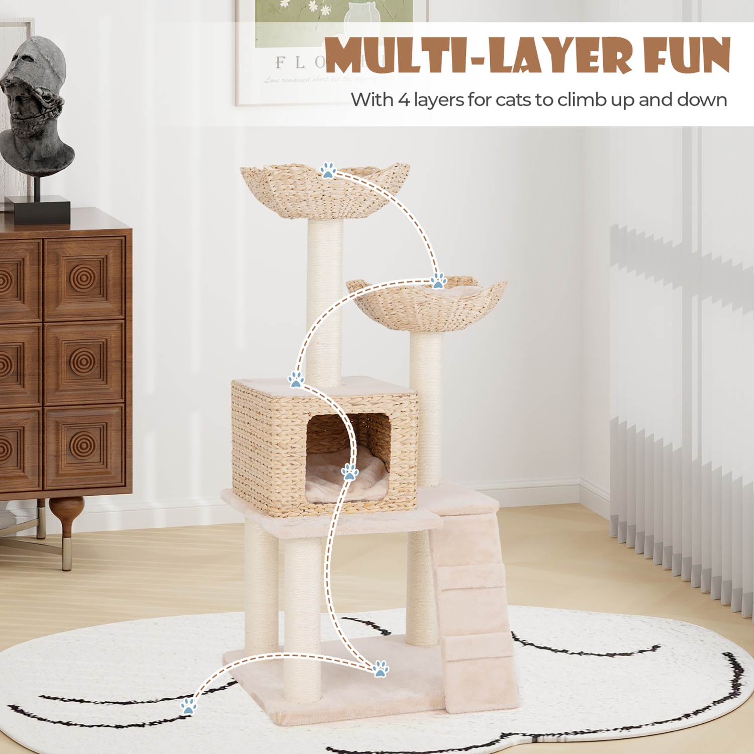 Gymax 48'' Cattail Cat Tower w/ Sisal Scratching Posts Perch Condo Basket Bed Ladder