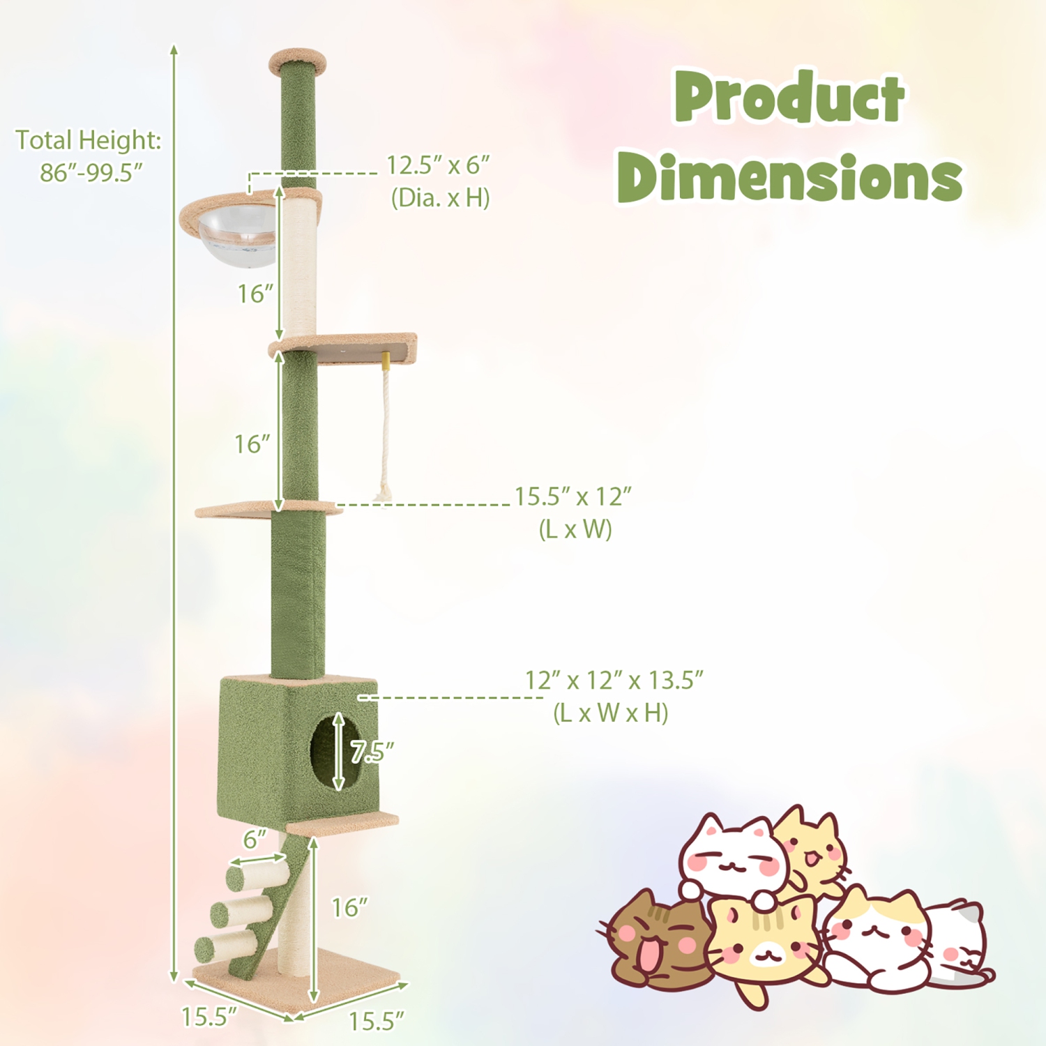 Gymax Floor to Ceiling Cat Tree w/ 86''-99.5'' Adjustable Height Space Capsule Condo