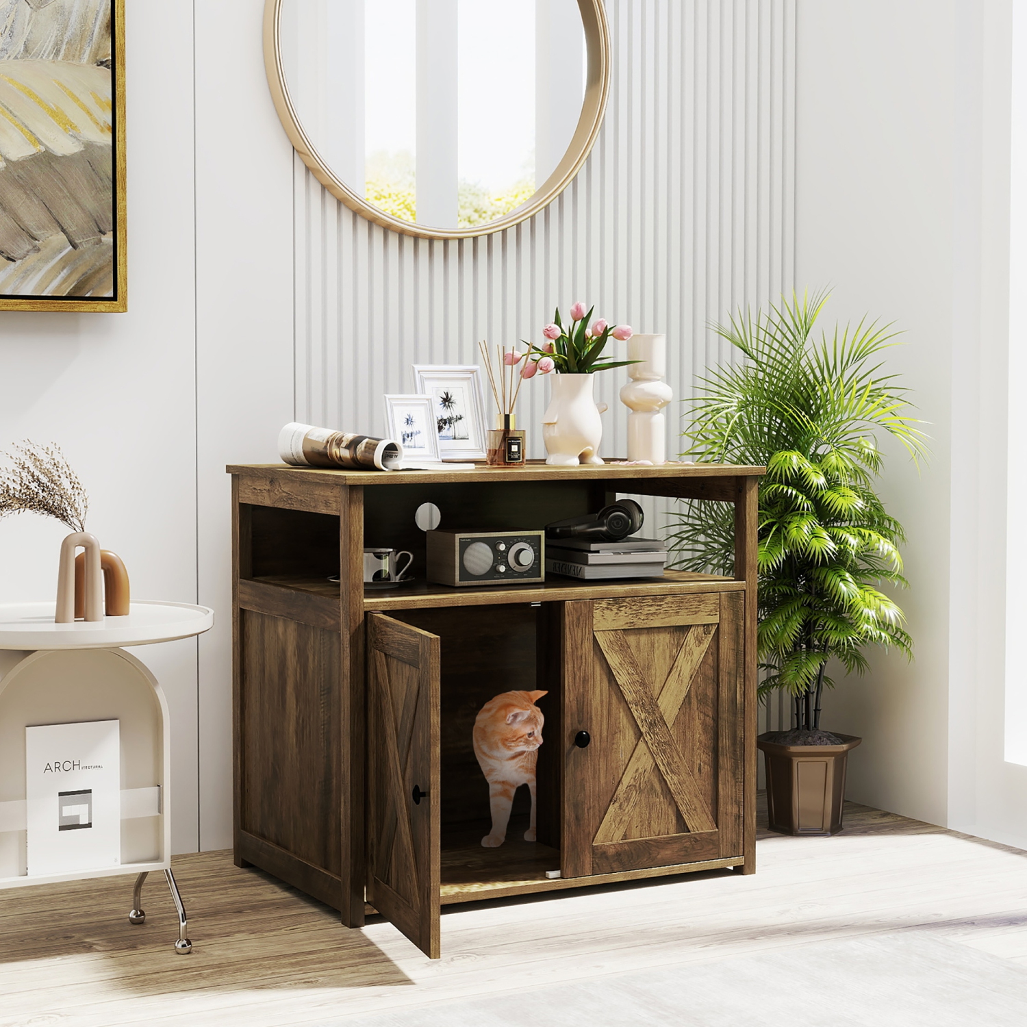 Gymax Cat Litter Box Enclosure w/ Double Barn Doors Divider Side Entry Storage Shelf