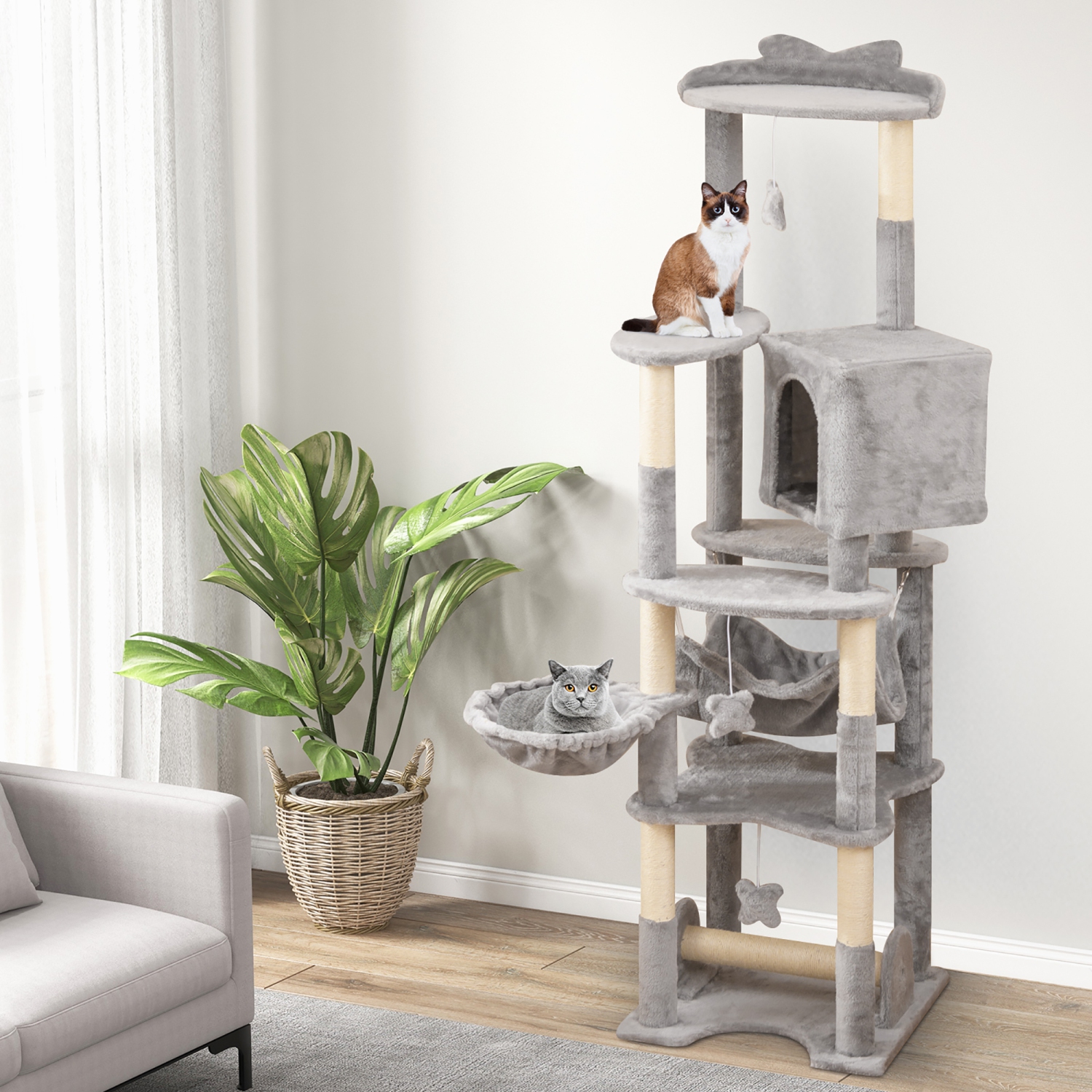 Gymax 69'' Tall Cat Tree w/ Top Perch Cozy Condo Basket Bed Hammock Basket Bed Indoor