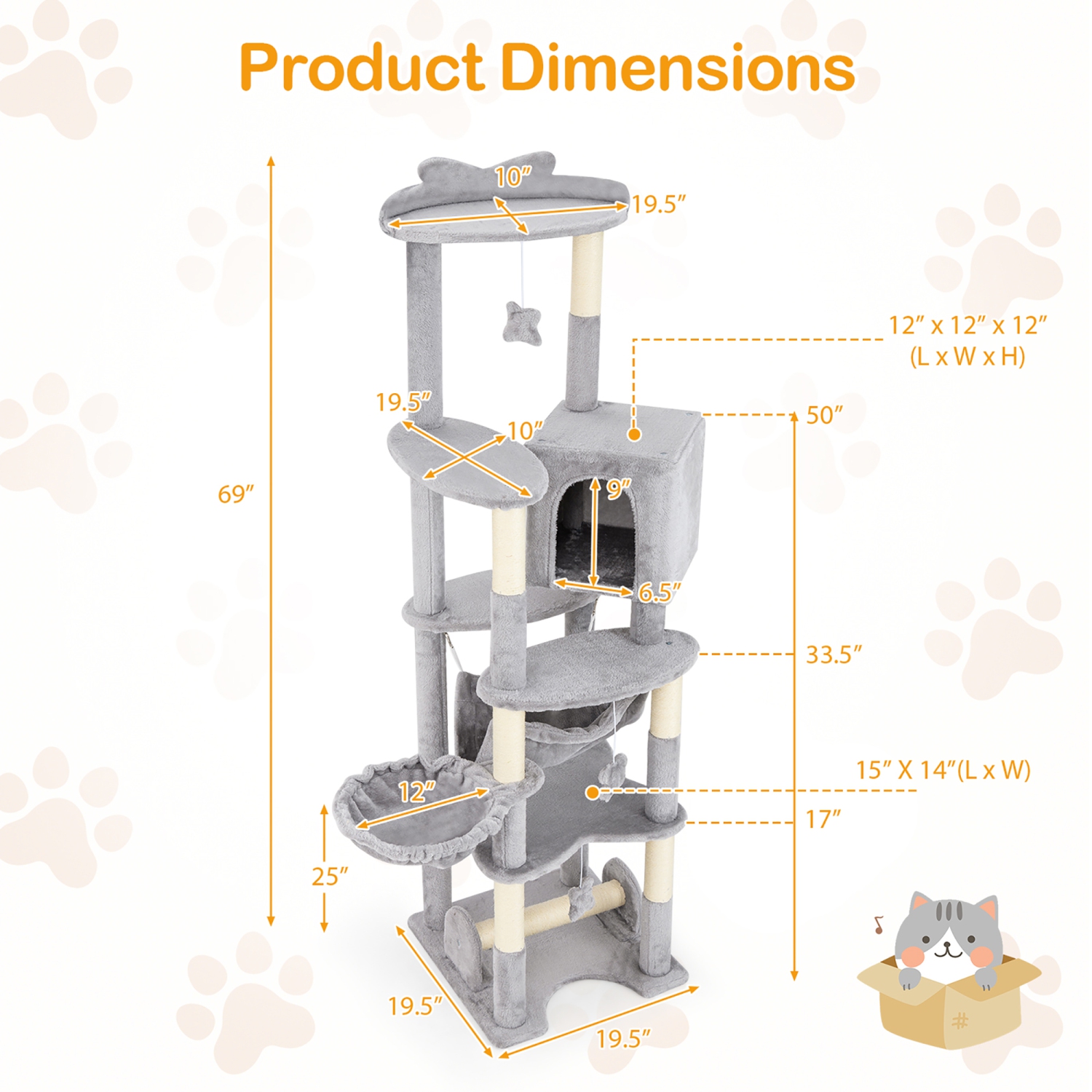 Gymax 69'' Tall Cat Tree w/ Top Perch Cozy Condo Basket Bed Hammock Basket Bed Indoor