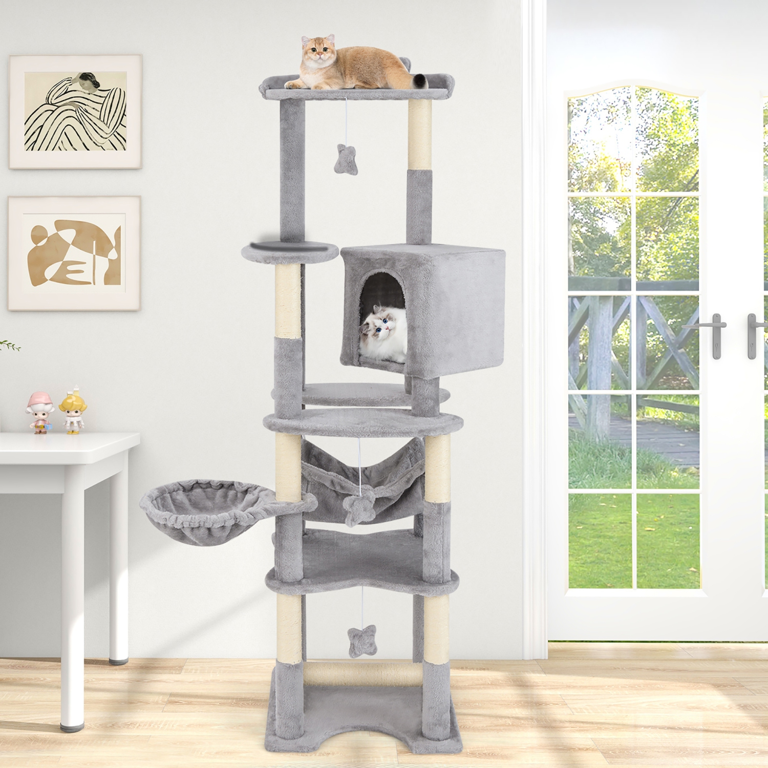 Gymax 69'' Tall Cat Tree w/ Top Perch Cozy Condo Basket Bed Hammock Basket Bed Indoor