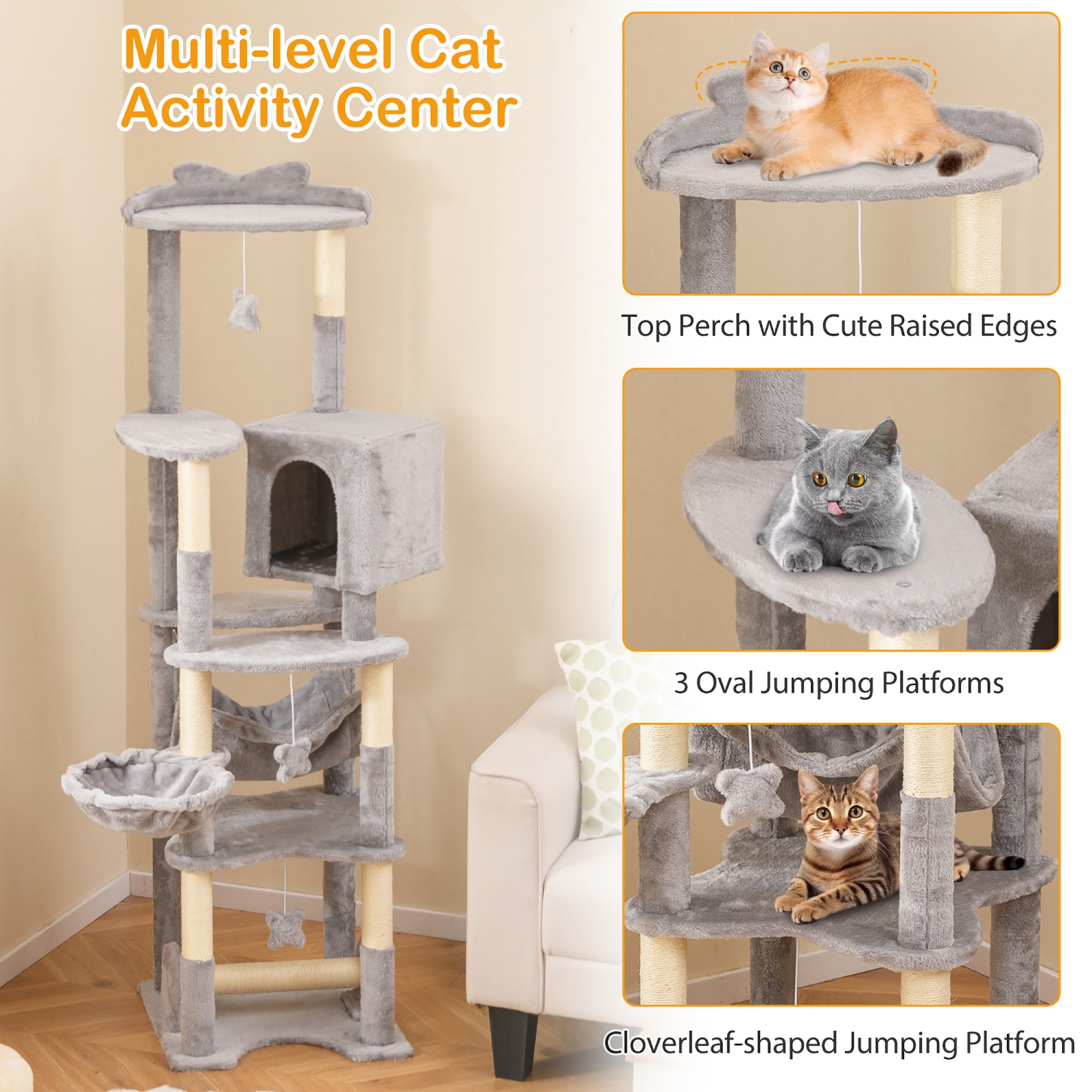 Gymax 69'' Tall Cat Tree w/ Top Perch Cozy Condo Basket Bed Hammock Basket Bed Indoor