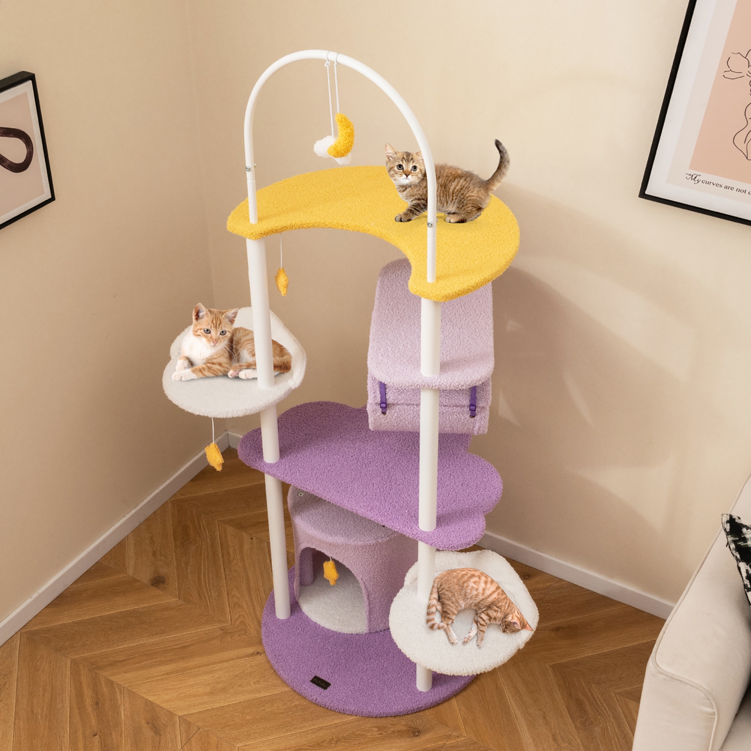 Gymax 62'' Multi-level Cat Tree w/ Moon-Shaped Top Perch Cloud-Shaped Jumping Platform
