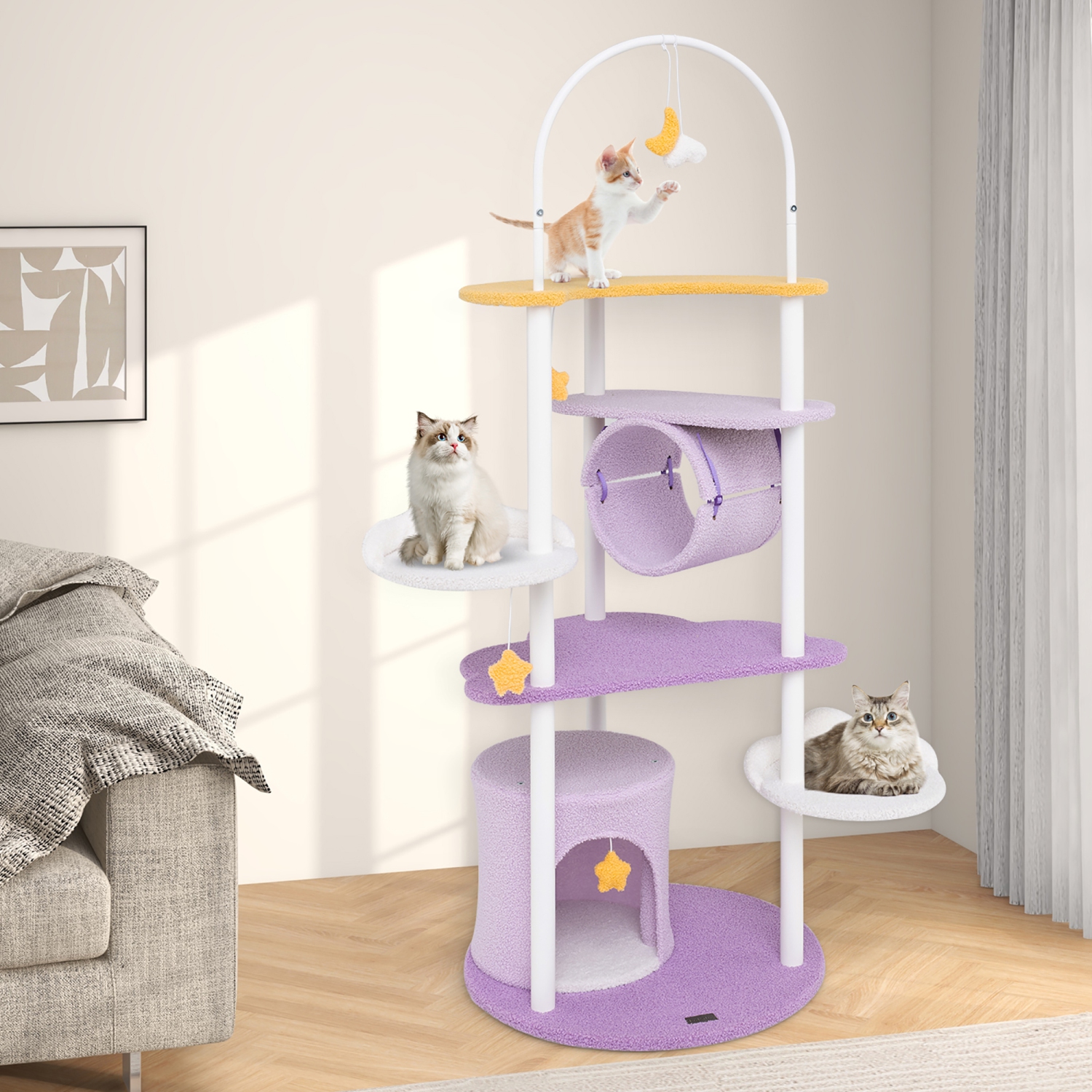 Gymax 62'' Multi-level Cat Tree w/ Moon-Shaped Top Perch Cloud-Shaped Jumping Platform