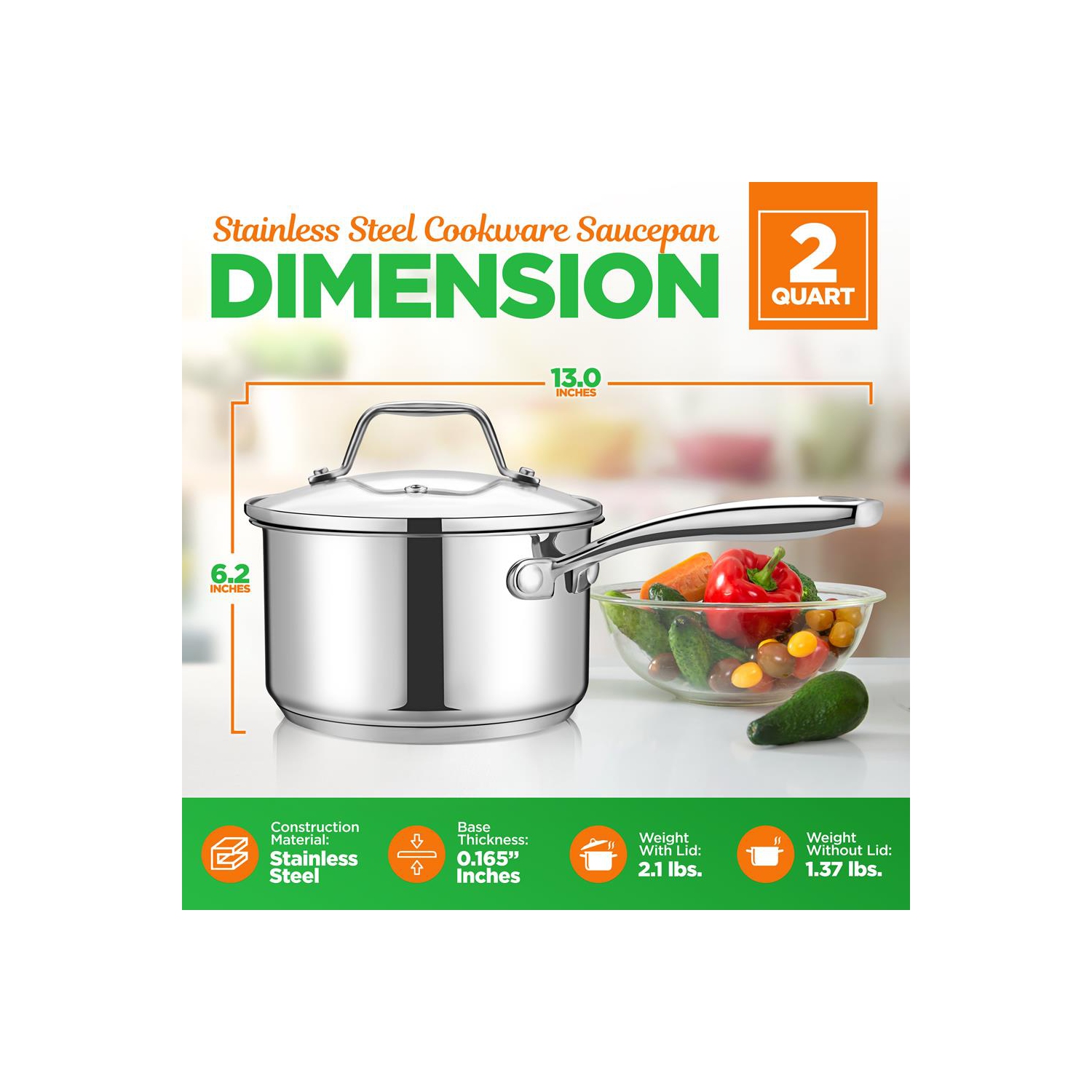 Casserole en acier inoxydable – 2 pintes, marmite à induction robuste, casserole avec couvercle