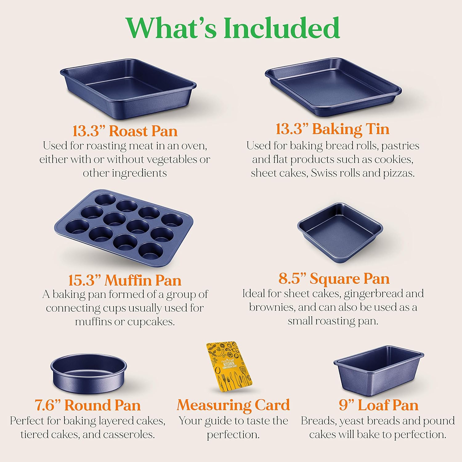 NutriChef 6-Piece Non-Stick Baking Pans - Carbon Steel Baking Trays with Nonstick Coating - Includes Muffin Pan, Loaf Pan, Cookie Sheets, & Round Pan