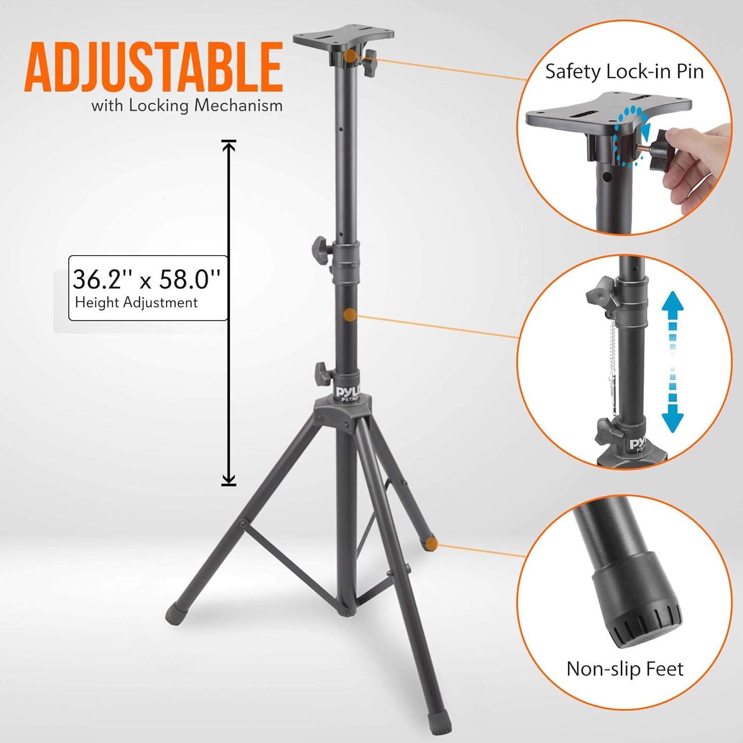 Pyle Universal Speaker Stand-Mount Holder Heavy Duty Rubber Capped Tripod, Adjustable Height from 36.2 x 58.0 inches Locking Safety PIN and 35mm