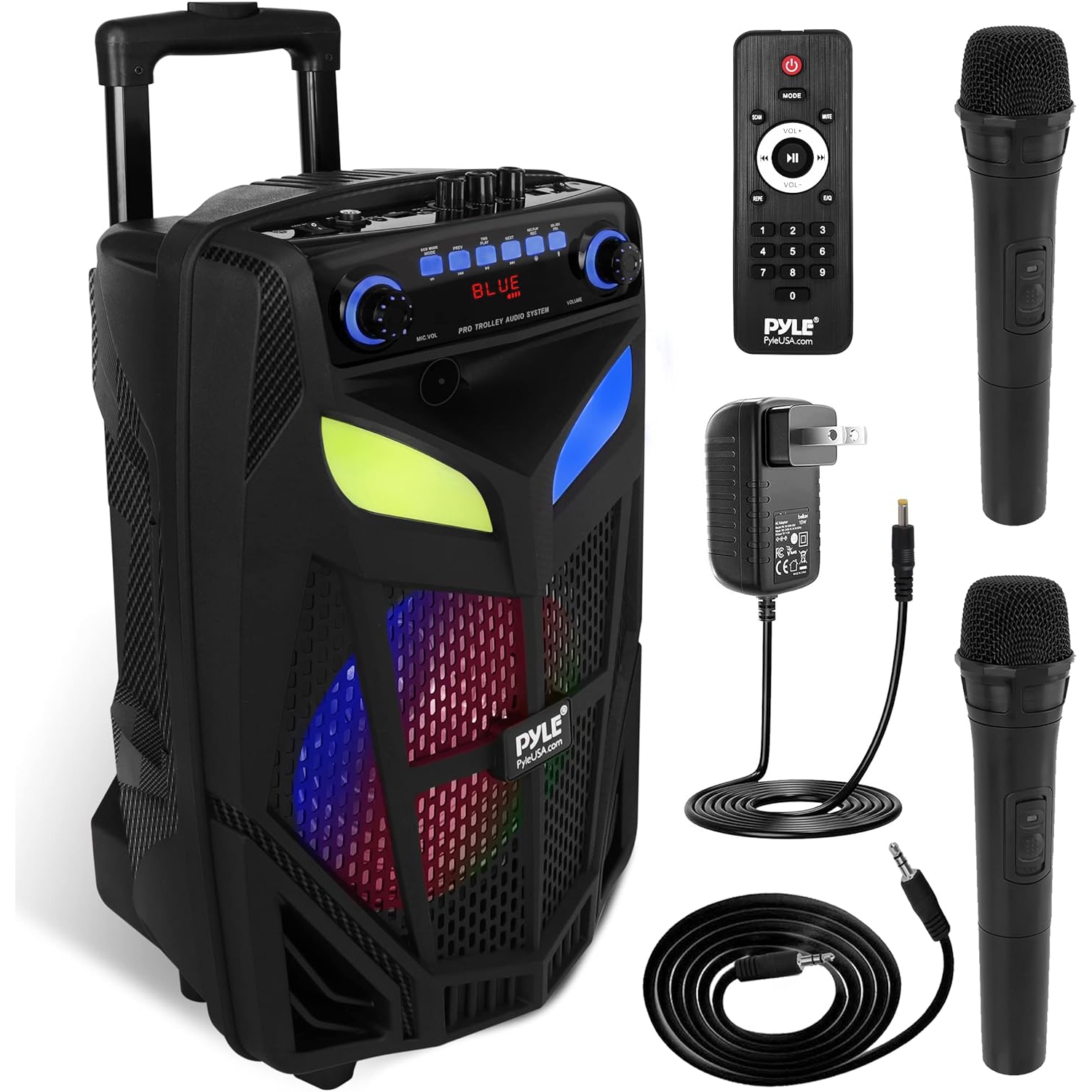 Pyle Portable Bluetooth PA Speaker System-600W 10” Indoor/Outdoor BT Speaker-Includes 2 Wireless Microphones, Party Lights, USB SD Card Reader, FM
