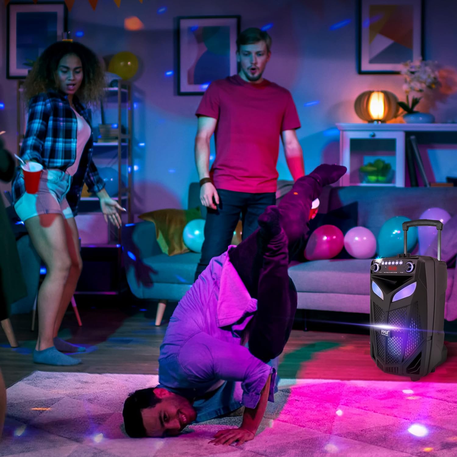 Pyle Portable Bluetooth PA Speaker System-600W 10” Indoor/Outdoor BT Speaker-Includes 2 Wireless Microphones, Party Lights, USB SD Card Reader, FM