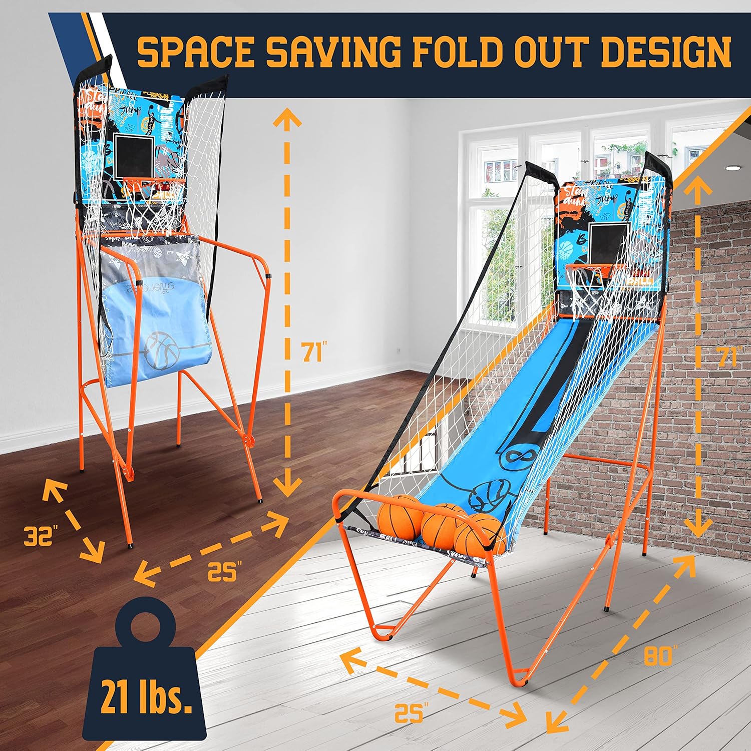 Jeu de basketball à un seul panier de SereneLife, salle d'arcade, jeu avec balle de basketball numérique LED, tableau de pointage et minuterie de jeu