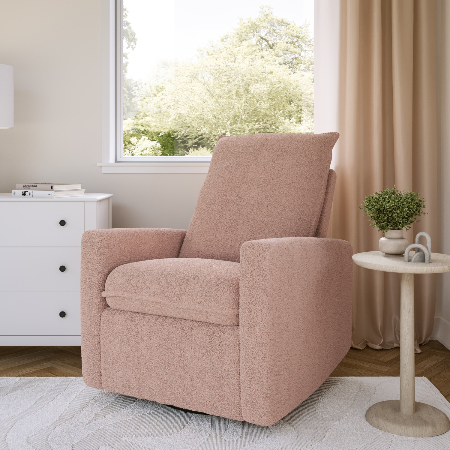 Fauteuil coulissant bouclé inclinable rose recouvert de CorLiving, fauteuil inclinable moderne pour le salon, chambre à coucher