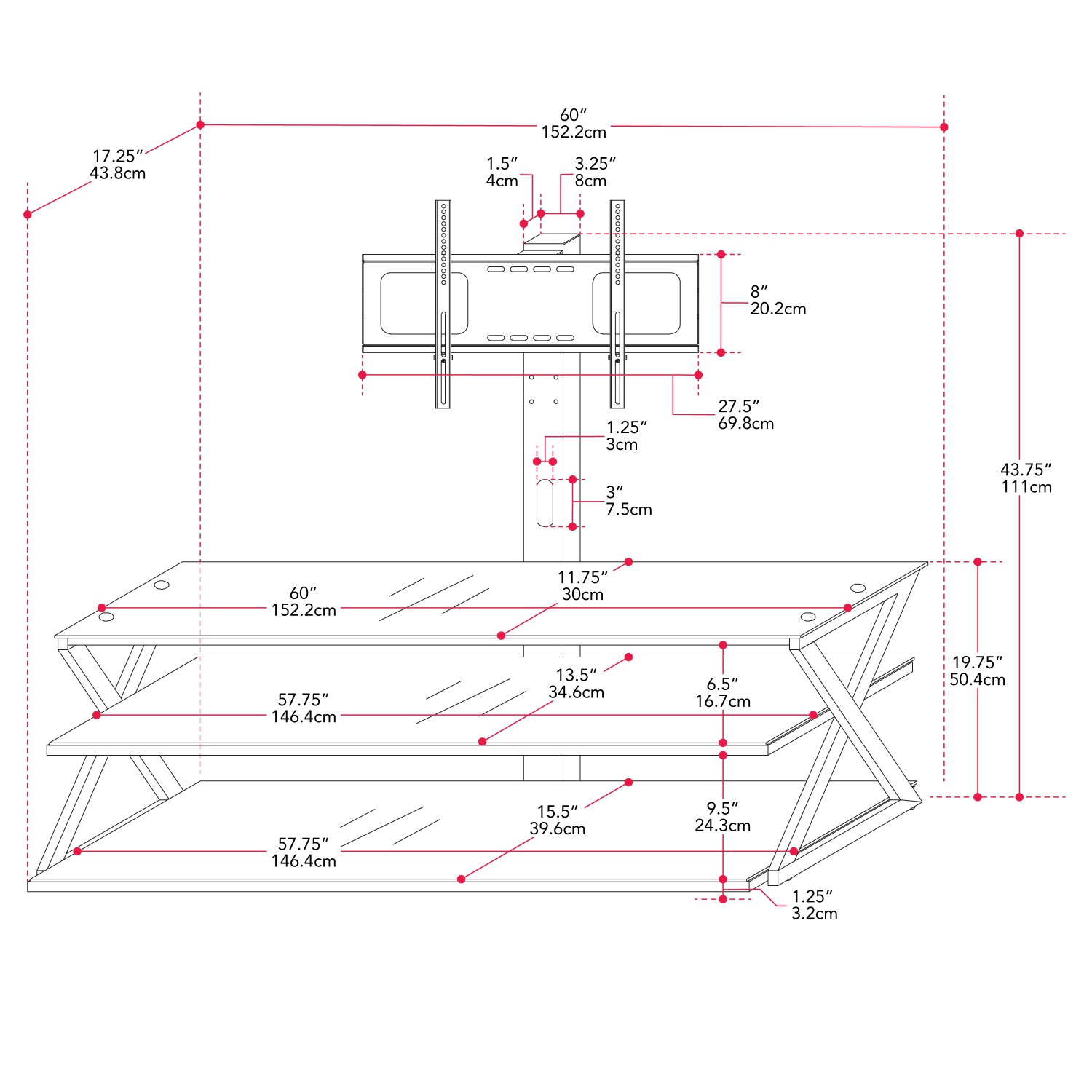 Meuble pour téléviseur en verre trempé noir et métal TechMount Pro de CorLiving avec support pour téléviseur de 65&nbsp;po ou moins