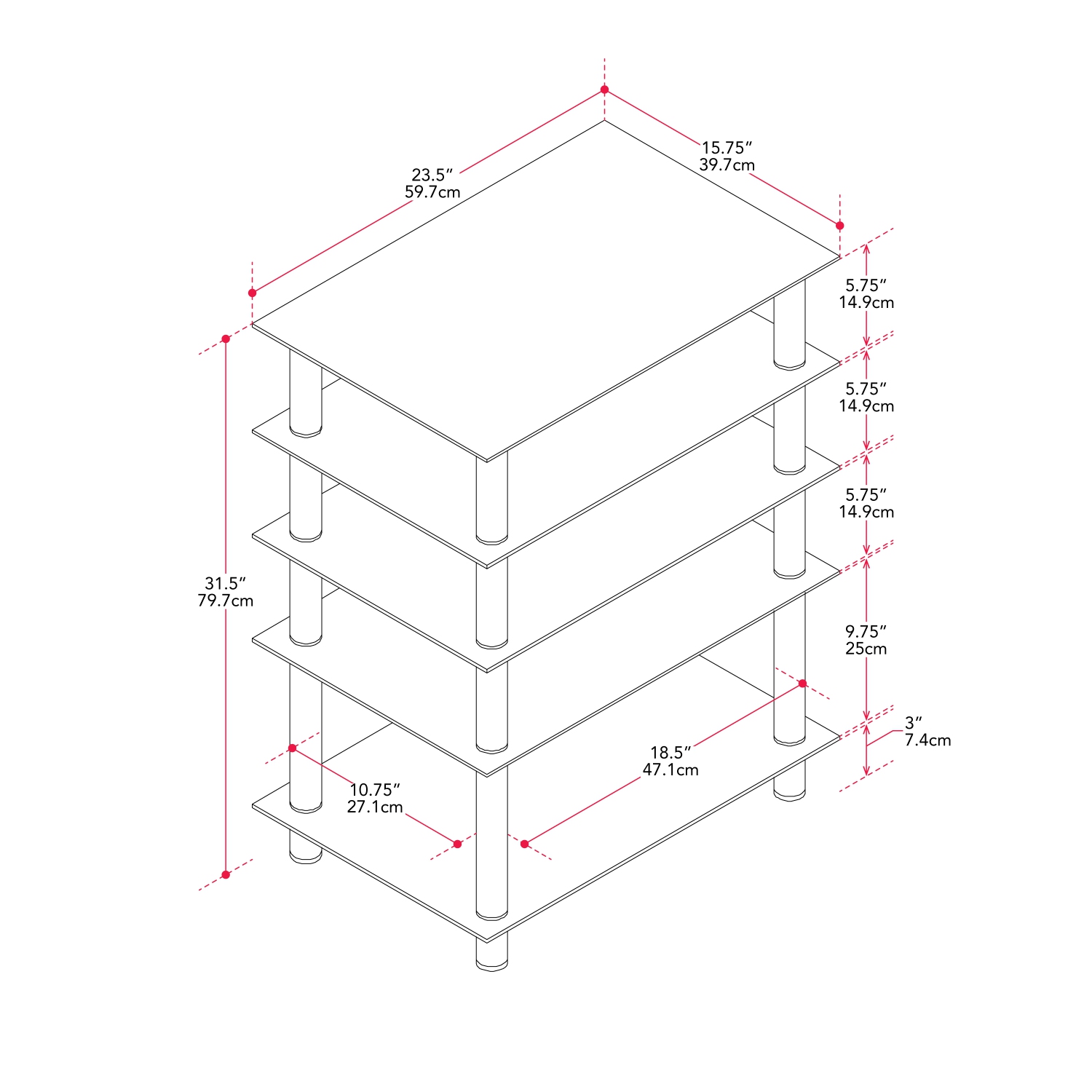 CorLiving Laurent Black Tempered Glass and Metal Customizable 5-Tier Media Component Stand
