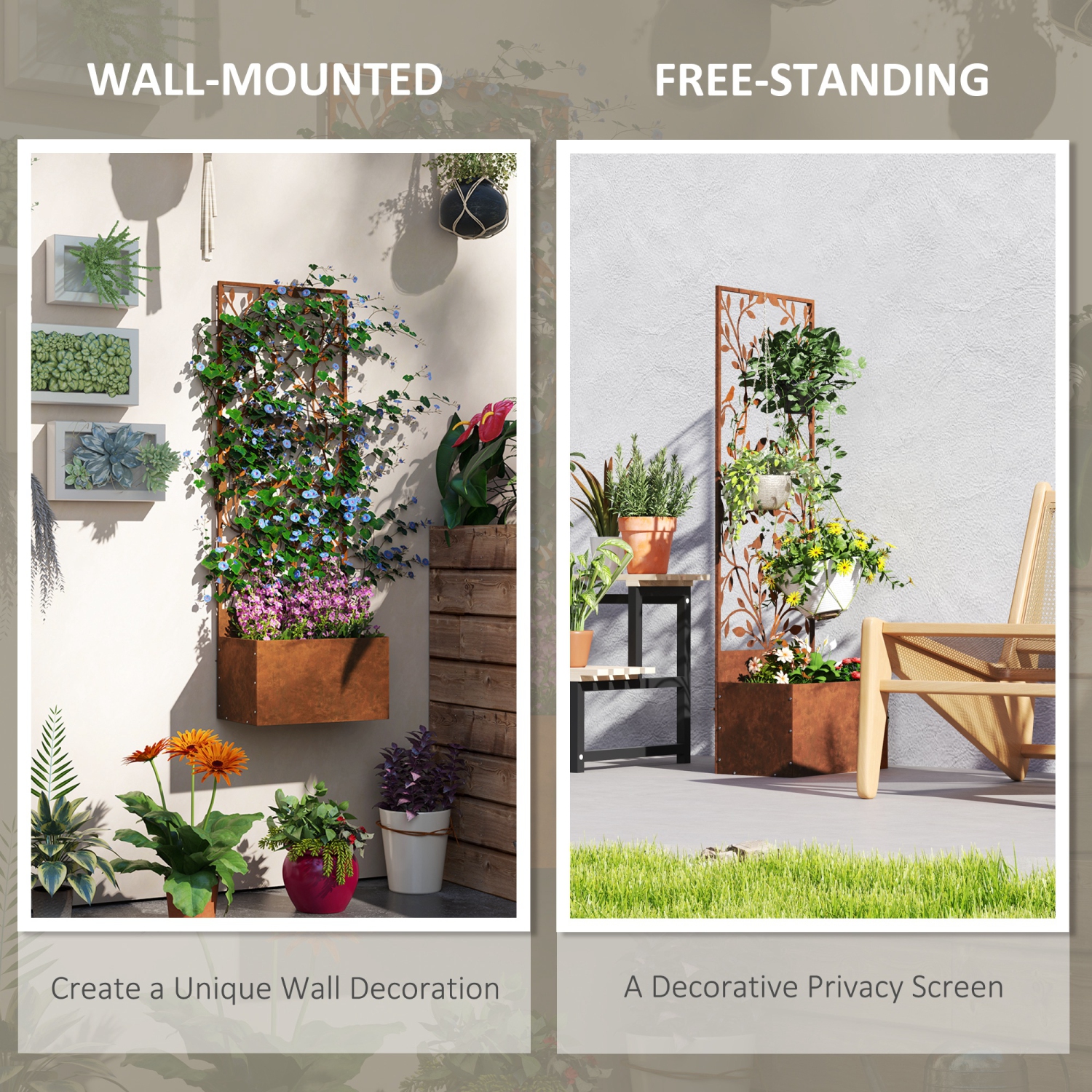 Lit de jardin surélevé Outsunny avec treillis, écran d'intimité extérieur de 46,5&nbsp;po avec jardinière, jardinière d'intimité en métal, panneau