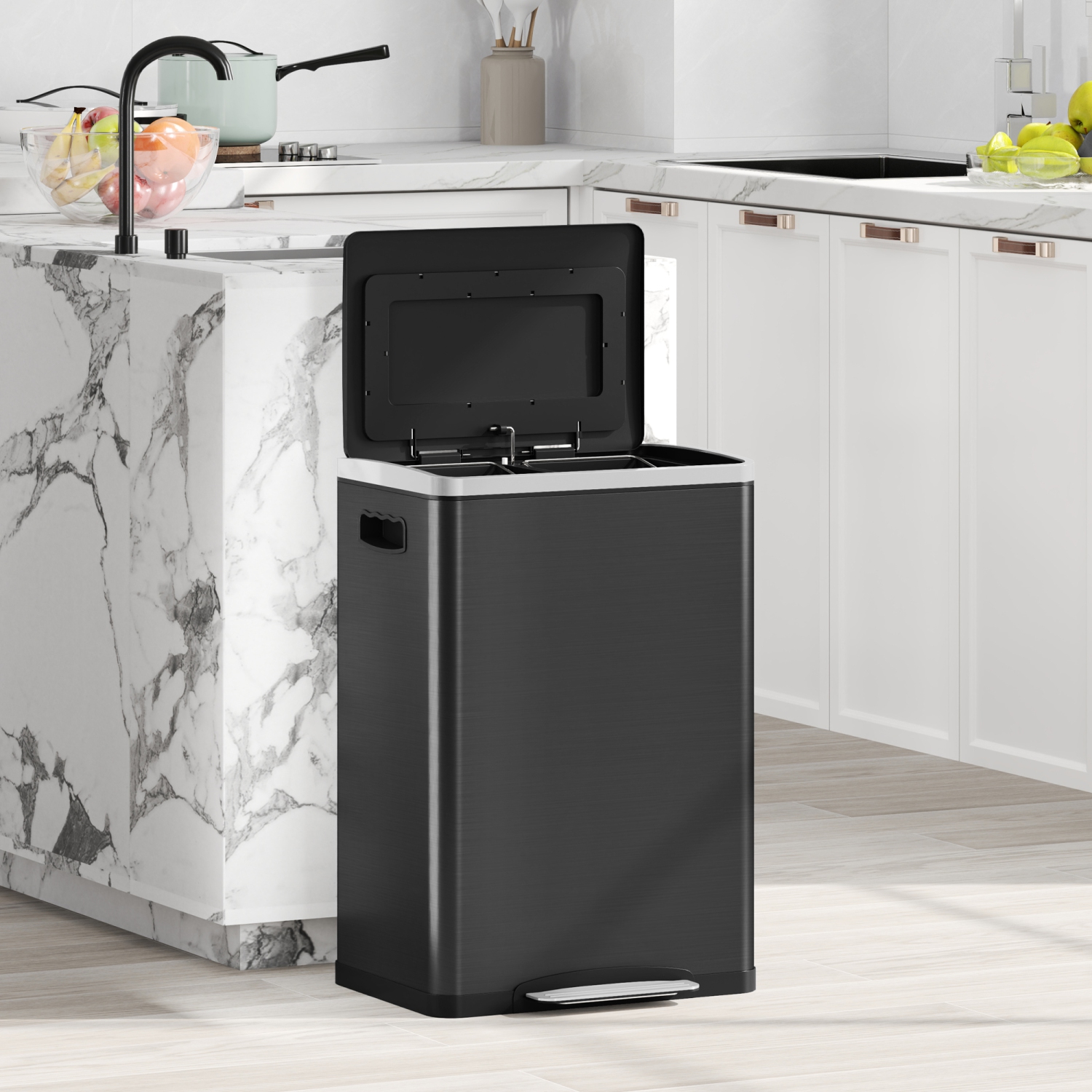 HOMCOM Dual Kitchen Garbage Bin, 2 x 5 Gallon Trash Can with Foot Pedal, Soft-Close Garbage Can with Removable Inner Buckets, Lid, Fingerprint-Proof