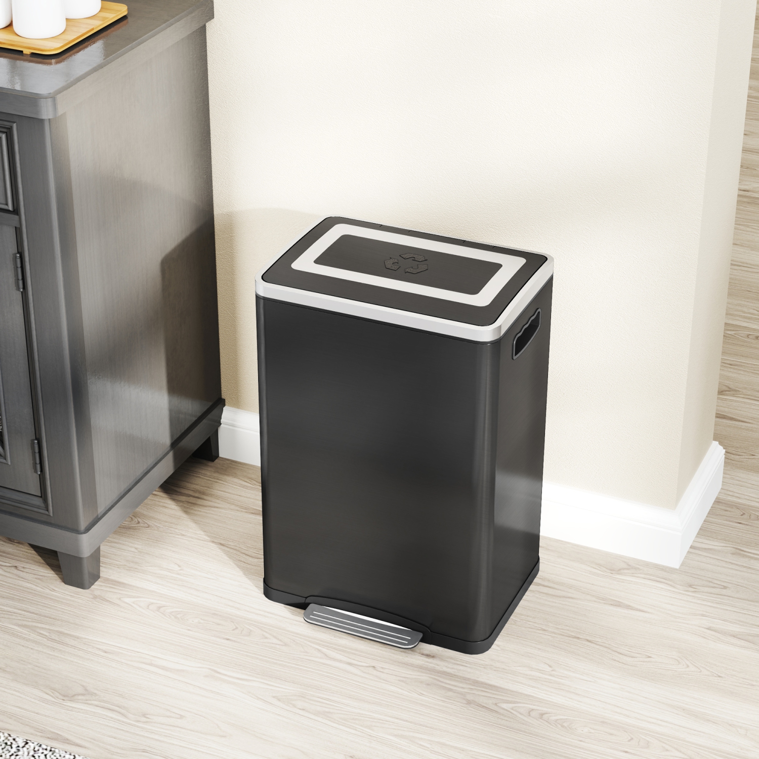 HOMCOM Dual Kitchen Garbage Bin, 2 x 5 Gallon Trash Can with Foot Pedal, Soft-Close Garbage Can with Removable Inner Buckets, Lid, Fingerprint-Proof