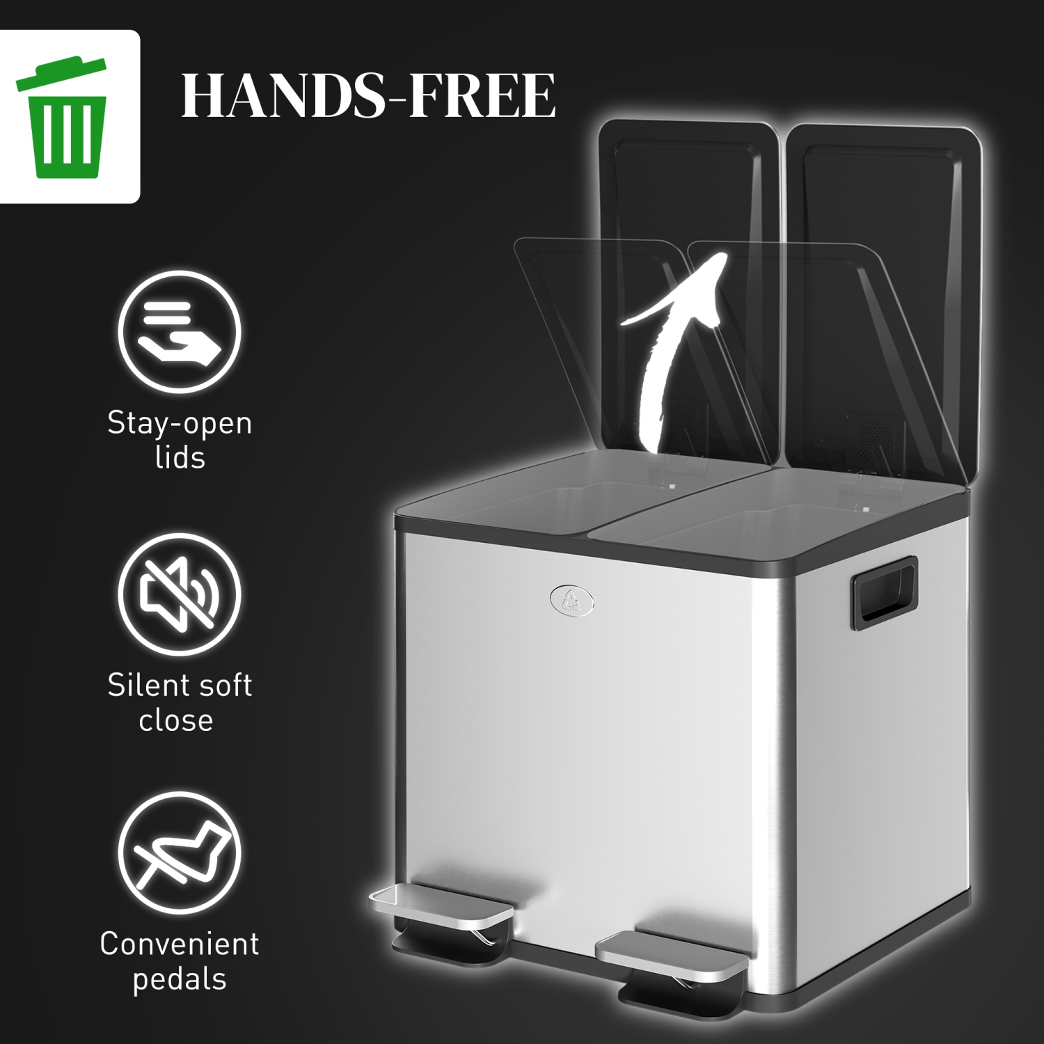 HOMCOM Dual Kitchen Garbage Bin, 2 x 4 Gallon Trash Can with Foot Pedal, Soft-Close Garbage Can with Removable Inner Buckets, Fingerprint-Proof for