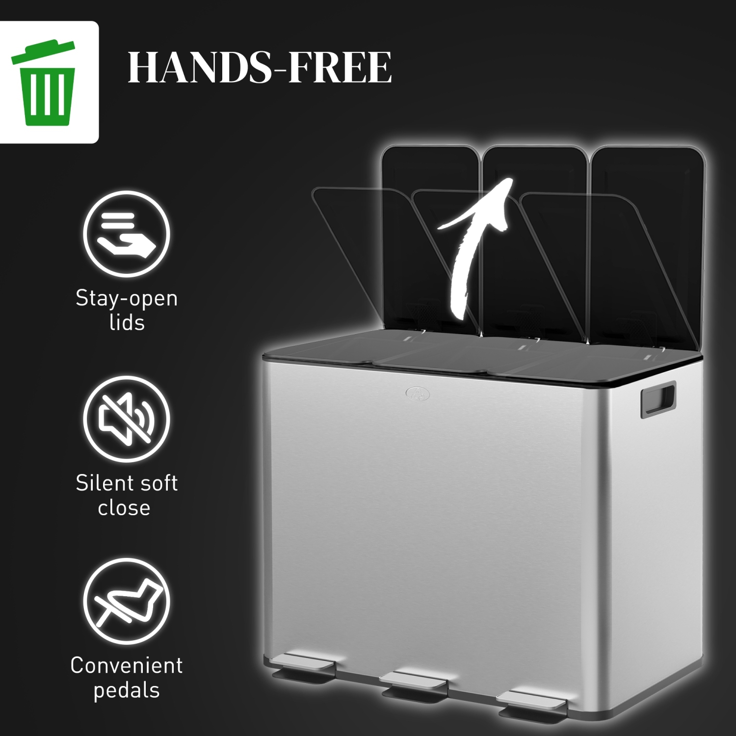 HOMCOM Triple Kitchen Garbage Bin, 3 x 5 Gallon Trash Can with Foot Pedal, Soft-Close Garbage Can with Removable Inner Buckets, Fingerprint-Proof for