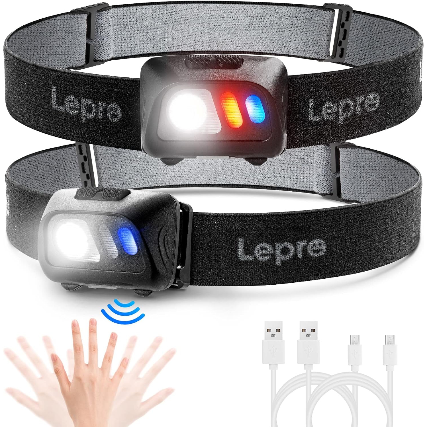 Lampe frontale rechargeable LED de Lepro avec détecteur de mouvement, 2 lampe frontale 1500Lux ultra-lumineuse avec 5 modes d'éclairage, lampe