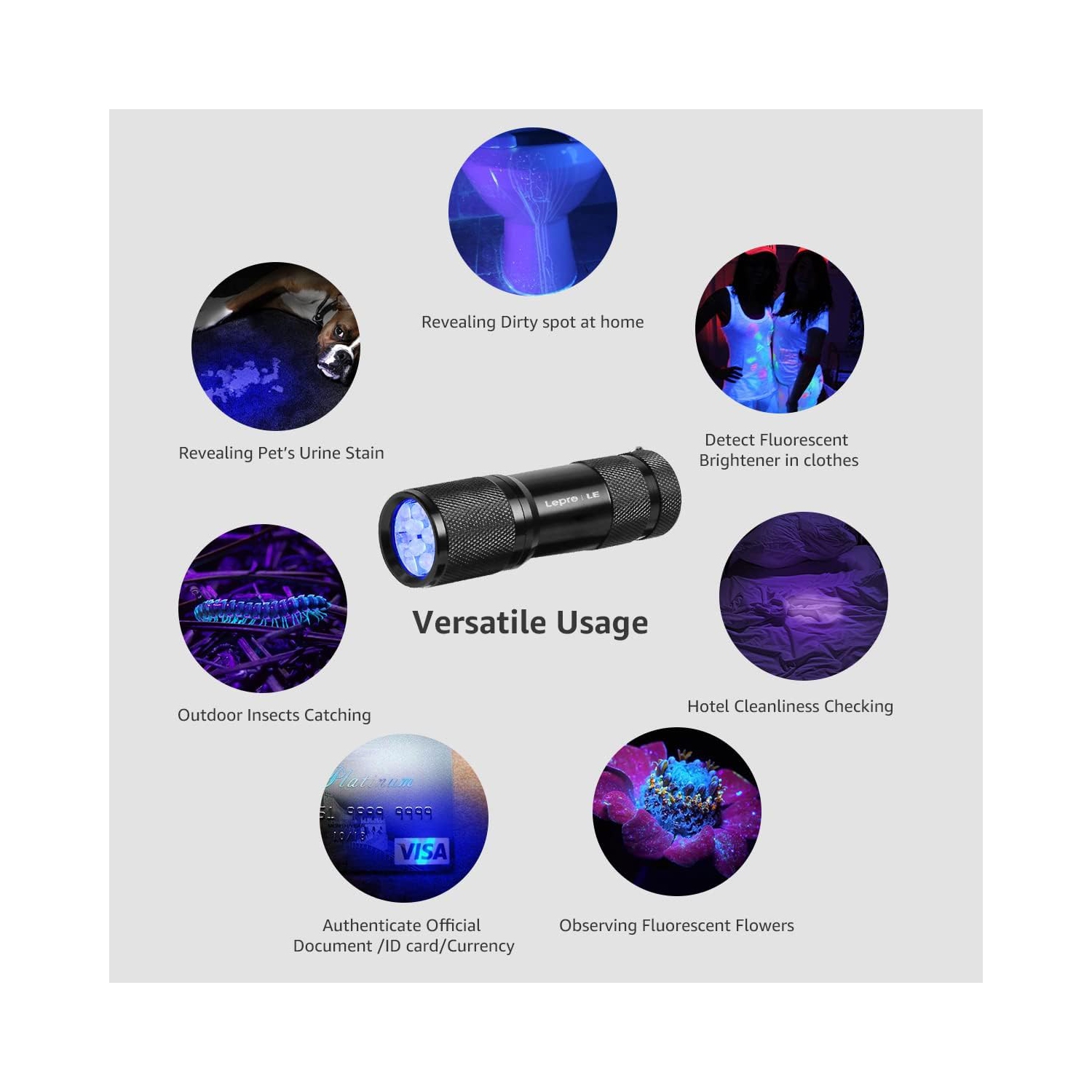 LE Small – Lampe de poche UV, lumière noire portative avec 9 DEL, 395&nbsp;nm, détecteur de lumière ultraviolette pour stylos à encre invisible,