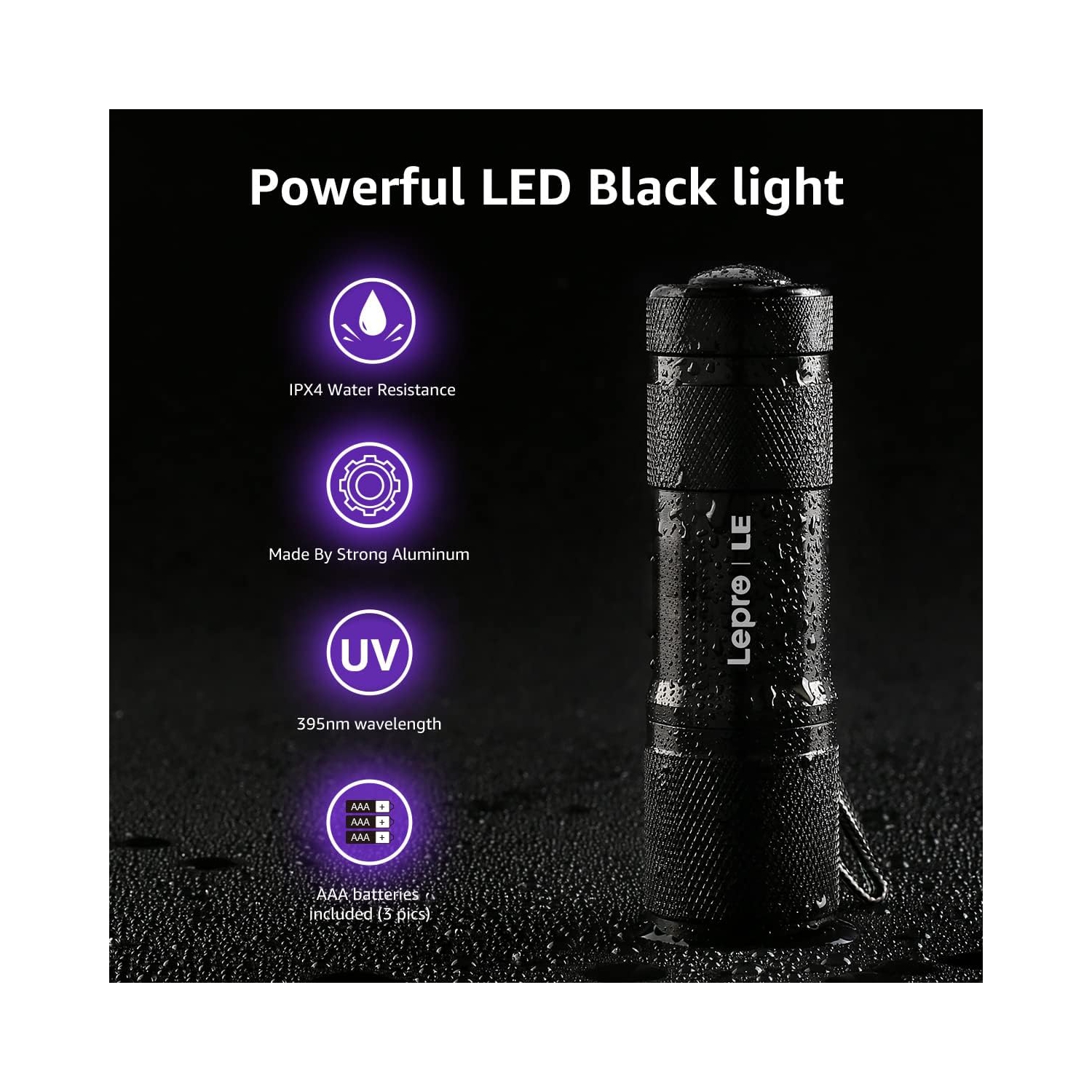 LE Small – Lampe de poche UV, lumière noire portative avec 9 DEL, 395&nbsp;nm, détecteur de lumière ultraviolette pour stylos à encre invisible,