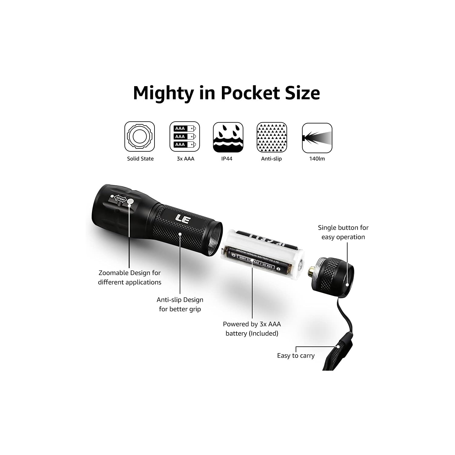 Lampe de poche Lighting EVER LED Luminosité élevée, petite lampe de poche, zoomable, étanche, lampe de flash à luminosité réglable pour l'extérieur,