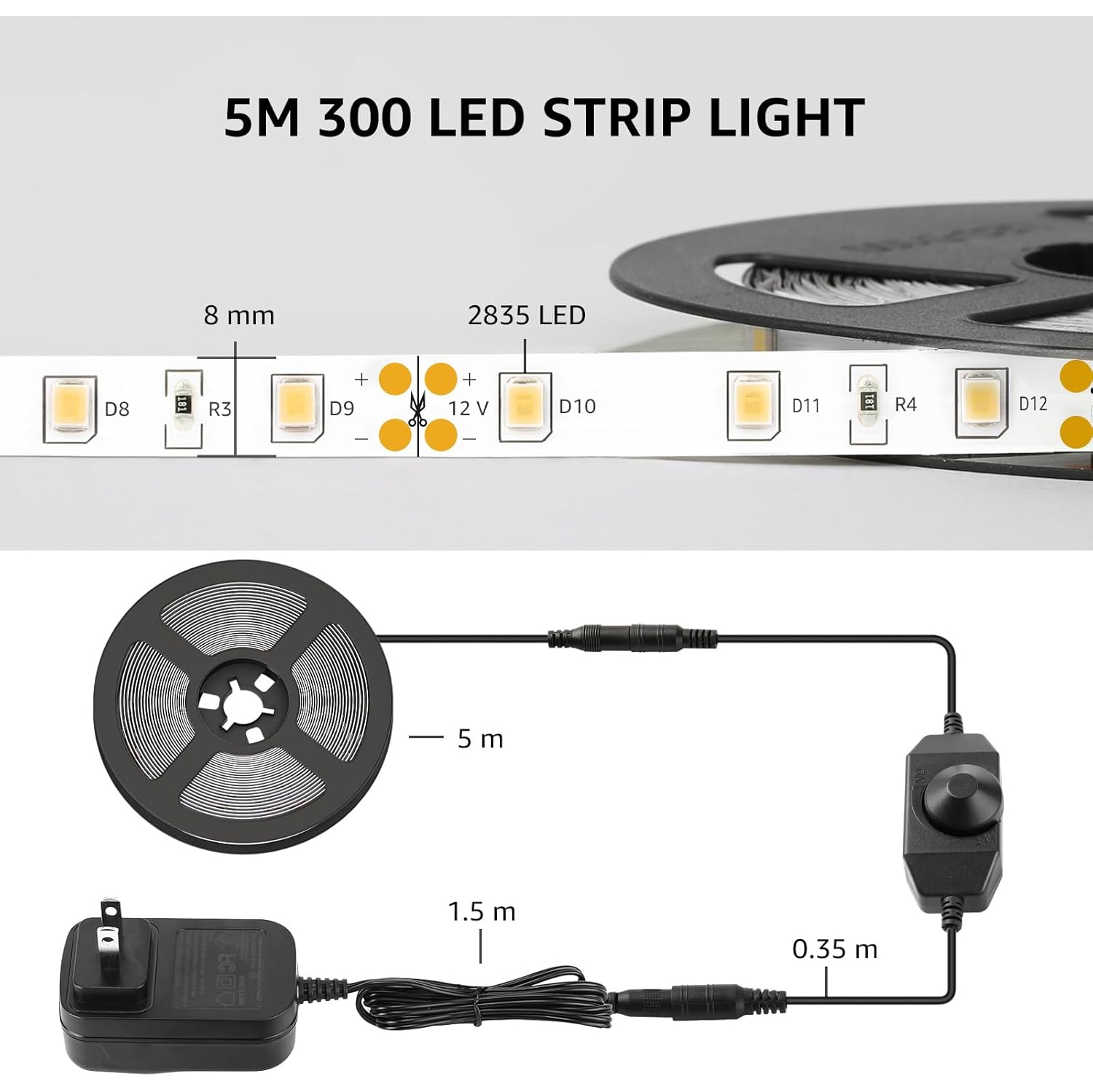 Lepro LED Strip Lights, 16.4ft 12V Dimmable Strip Lights, 6000K Daylight White, 300 Units 2835SMD LEDTape Light for Home, Kitchen, Bedroom, Car and