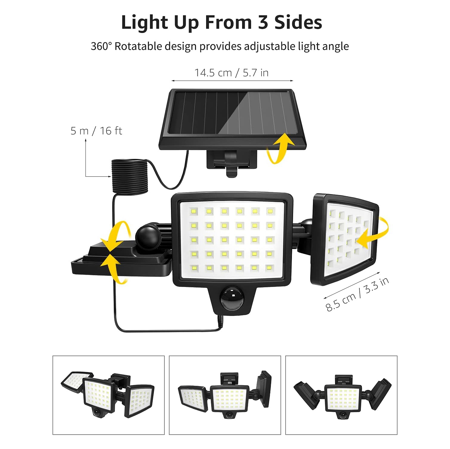 Lepro Solar Motion Sensor Light Outdoor, 72 LED 1000lm Solar Security Light Separate Solar Panel 3 Adjustable Heads 6500K Daylight White Auto ON/Off