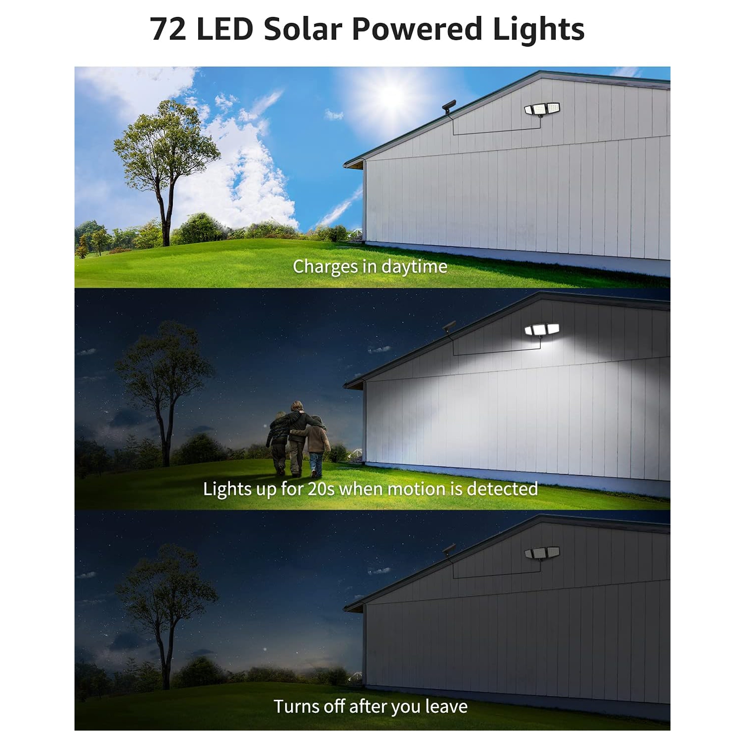 Lepro Solar Motion Sensor Light Outdoor, 72 LED 1000lm Solar Security Light Separate Solar Panel 3 Adjustable Heads 6500K Daylight White Auto ON/Off