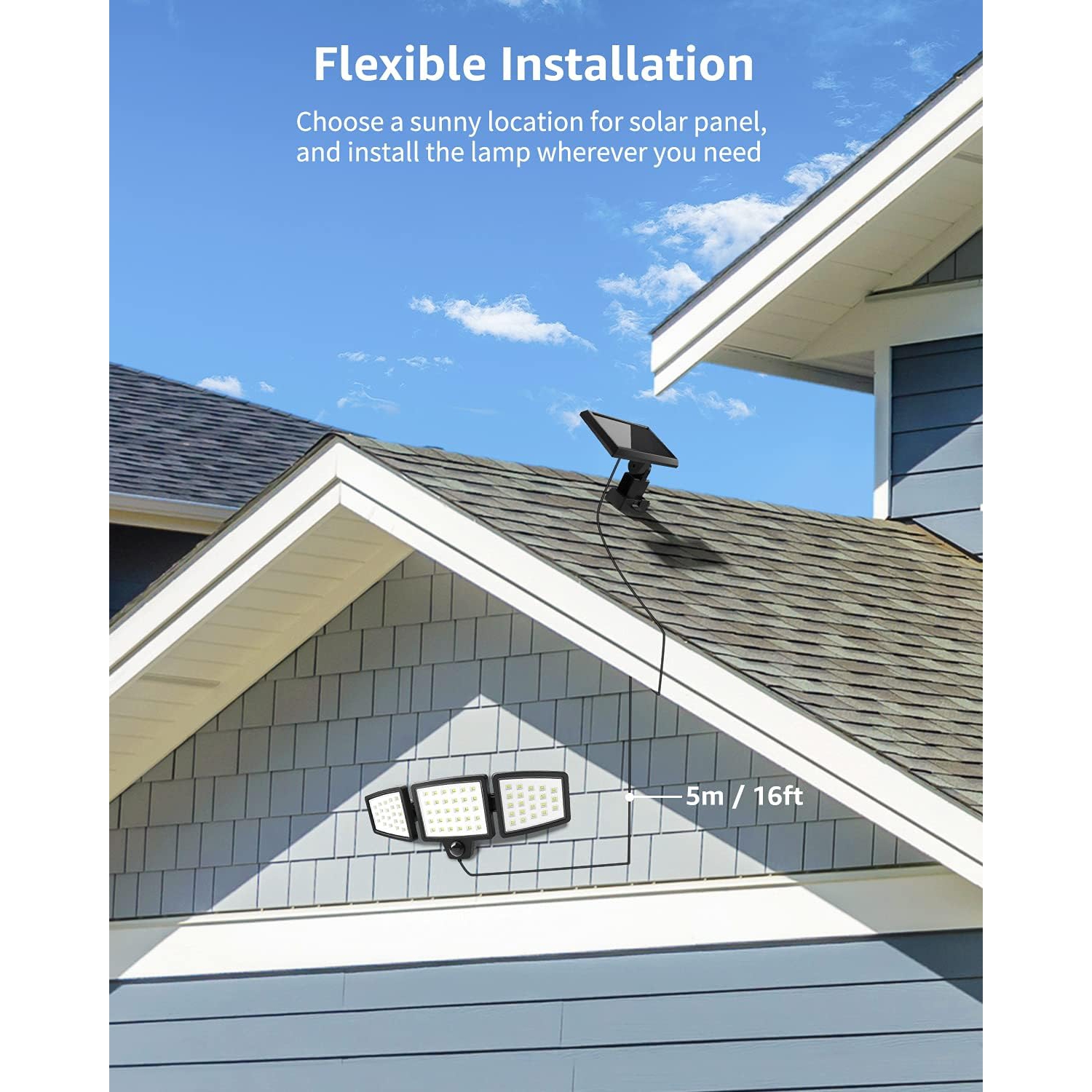 Lepro Solar Motion Sensor Light Outdoor, 72 LED 1000lm Solar Security Light Separate Solar Panel 3 Adjustable Heads 6500K Daylight White Auto ON/Off