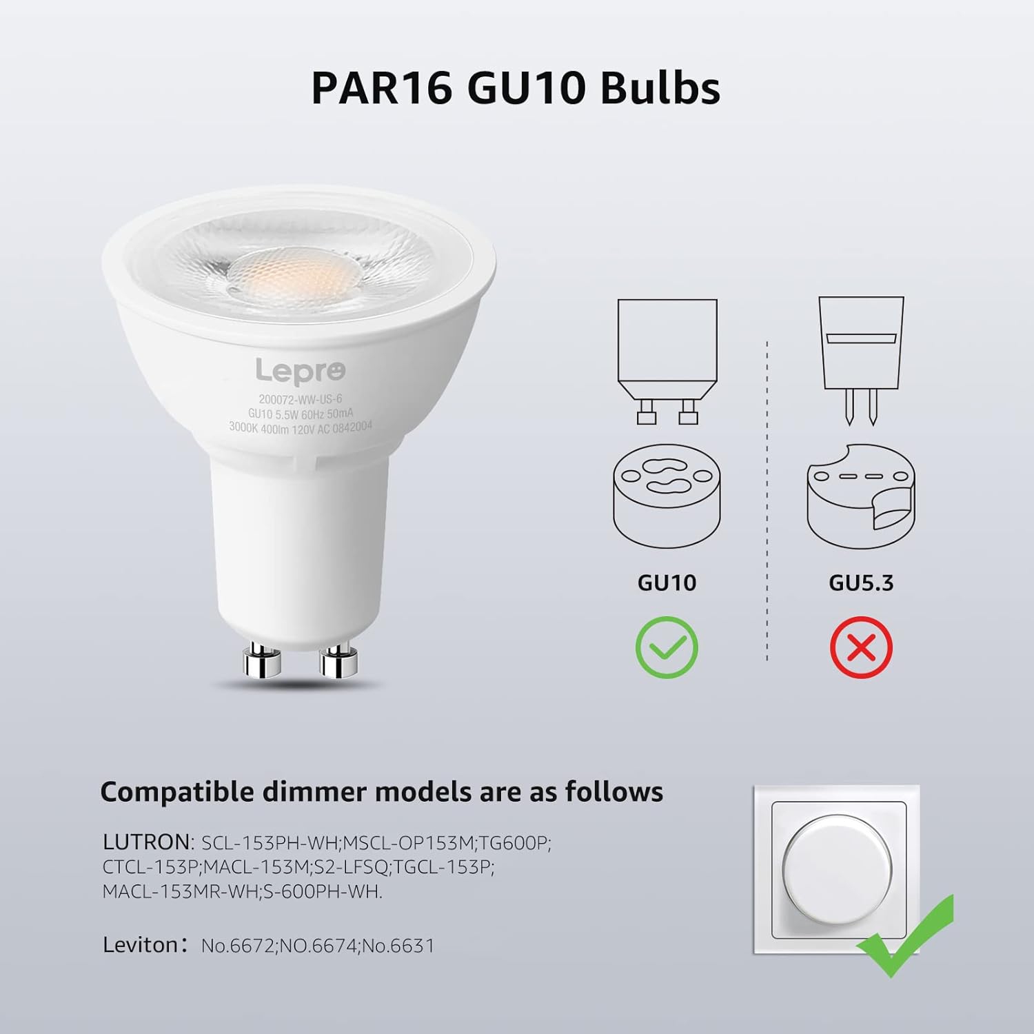 Lepro GU10 LED Bulbs, Dimmable GU10 Light Bulb, 5000K Daylight White Bulbs, 5.5W PAR16 LED Spotlight Bulb, 50W Halogen Equivalent Track Lighting Bulb