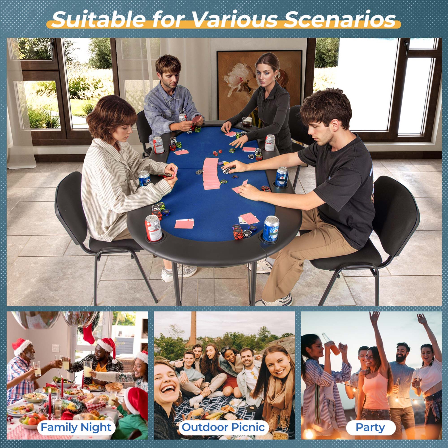 Table de poker 8 Players de Costway avec 8 porte-gobelets et accoudoirs confortables, surface lisse en feutre