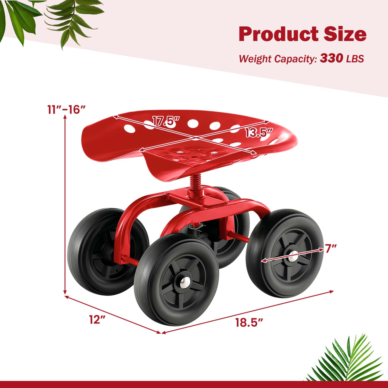Costway Rolling Garden Cart Heavy Duty Workseat with 360° Swivel Seat & Adjustable Height