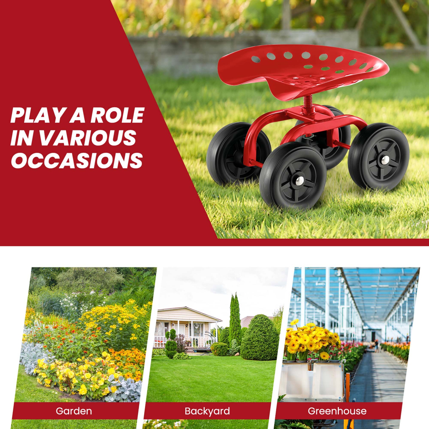 Costway Rolling Garden Cart Heavy Duty Workseat with 360° Swivel Seat & Adjustable Height