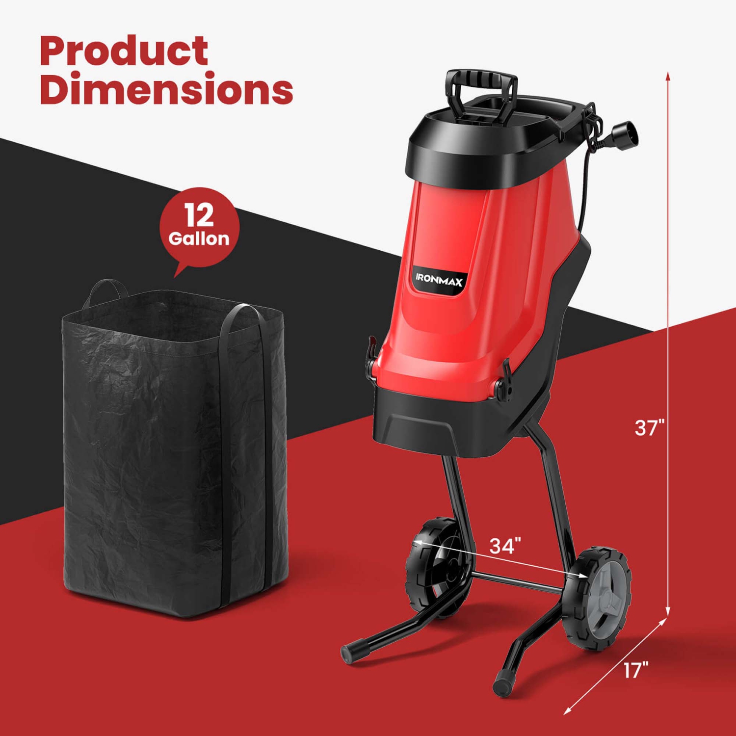 Déchiqueteuse à feuilles Ironmax 15 A avec piston et roulettes de sac de collecte pour branches