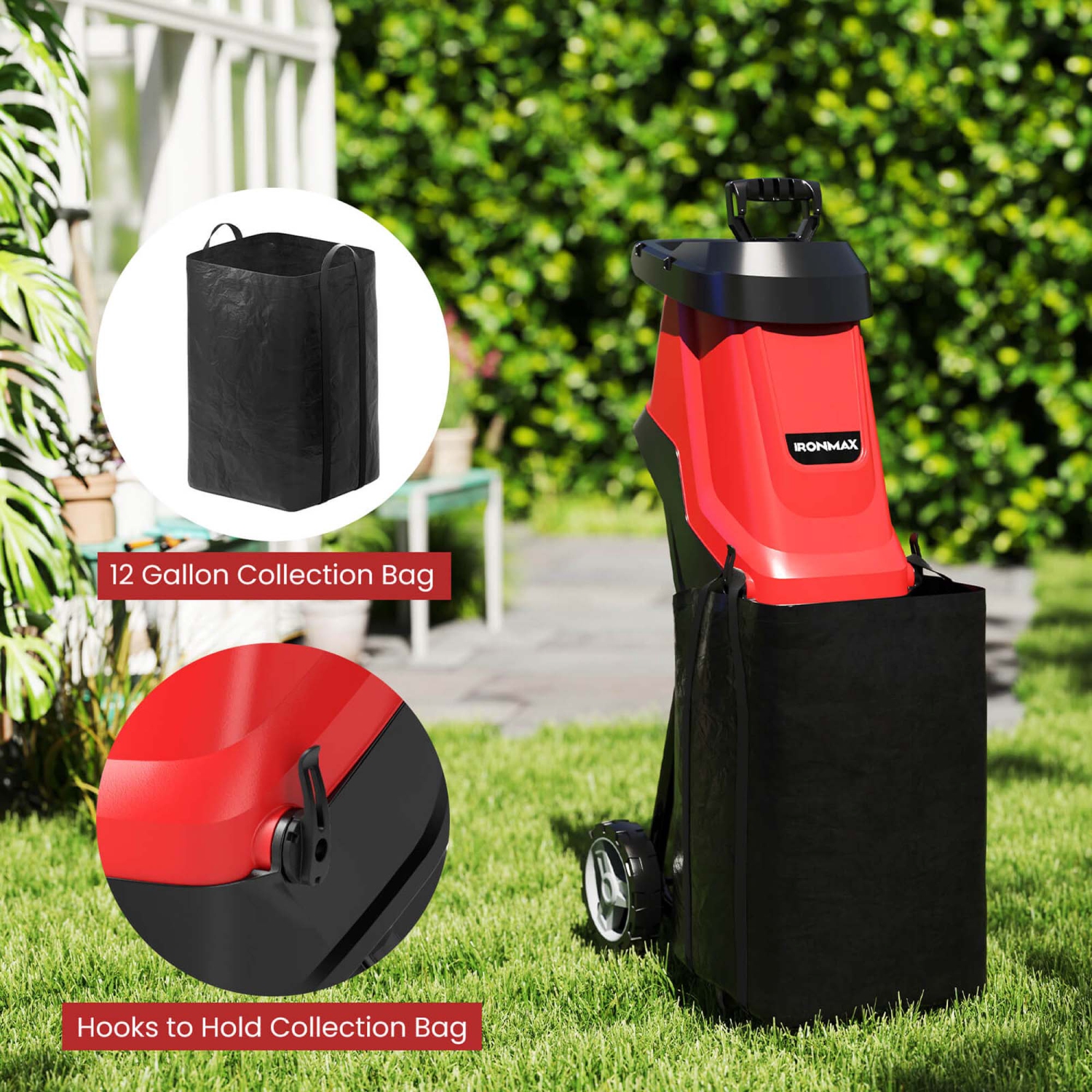 Déchiqueteuse à feuilles Ironmax 15 A avec piston et roulettes de sac de collecte pour branches